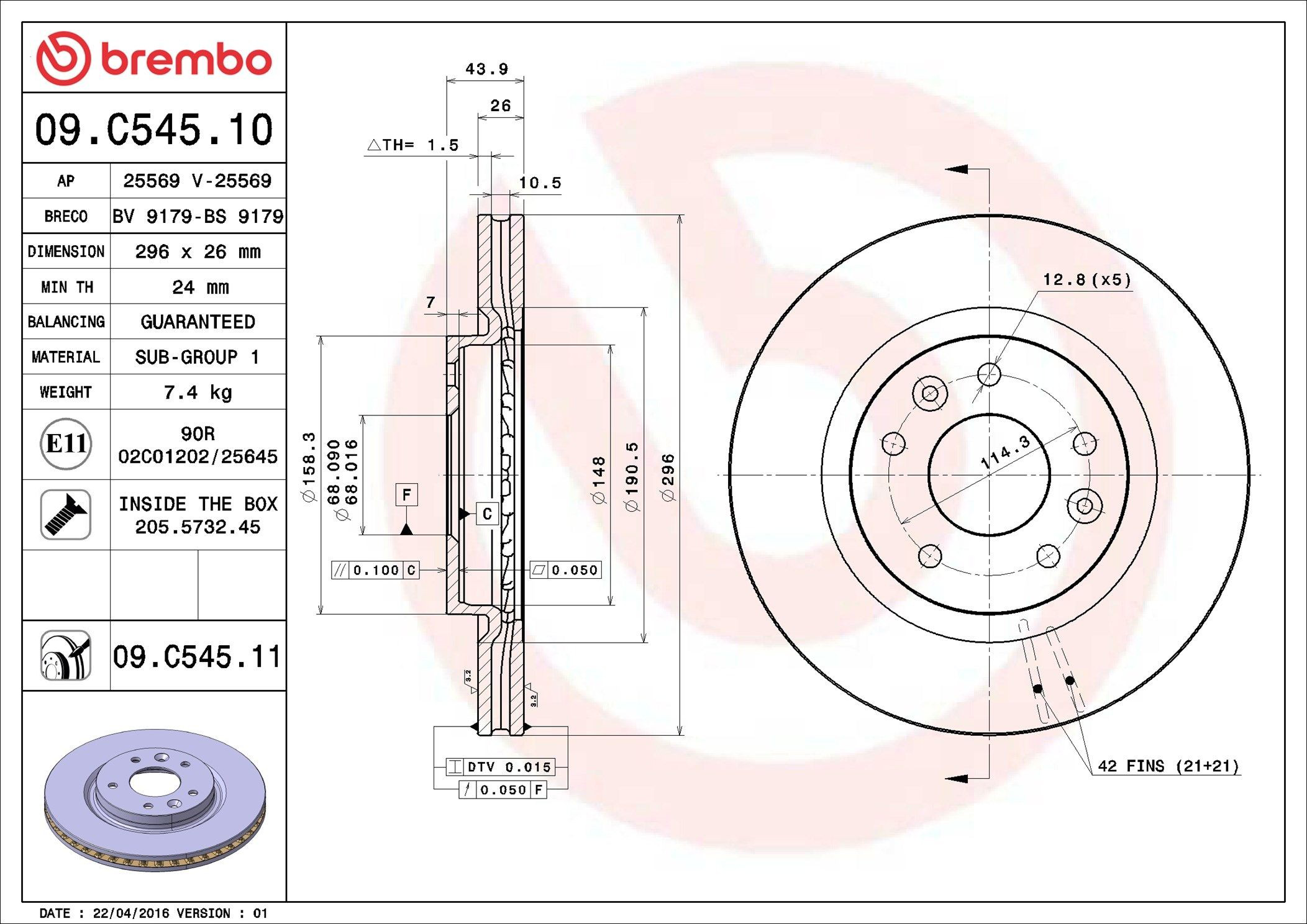 Tarcza hamulcowa przednia Brembo 09C54511 cena, od 59,46 USD