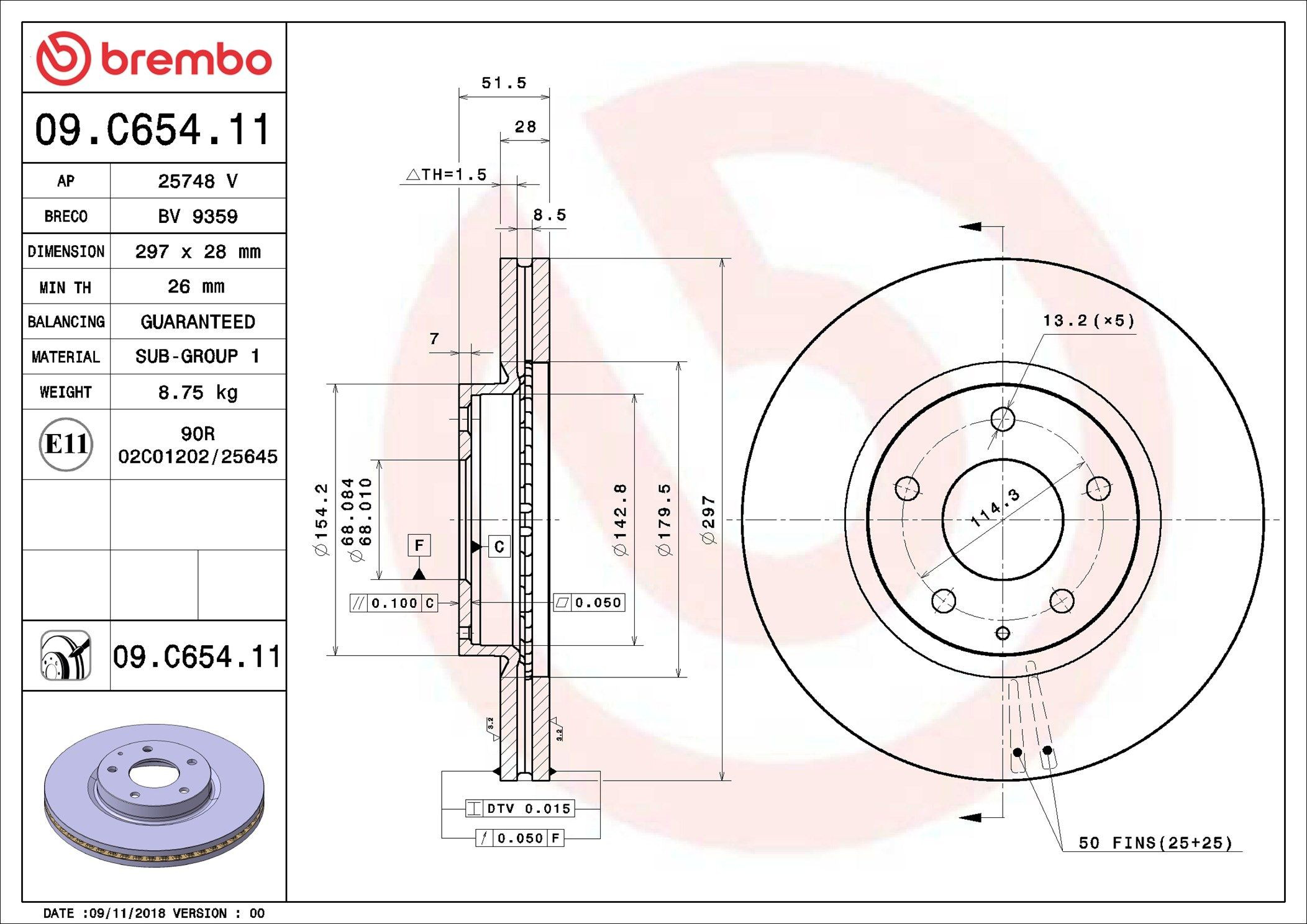 Tarcza hamulcowa przednia Brembo 09C65411 cena, od 56,37 USD