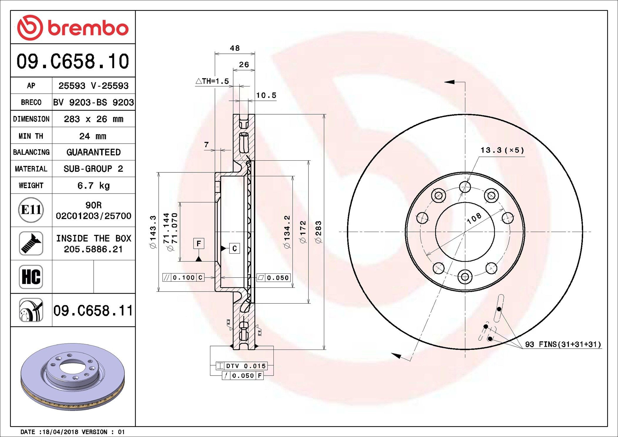 Tarcza hamulcowa przednia Brembo 09C65811 cena, od 49,81 USD