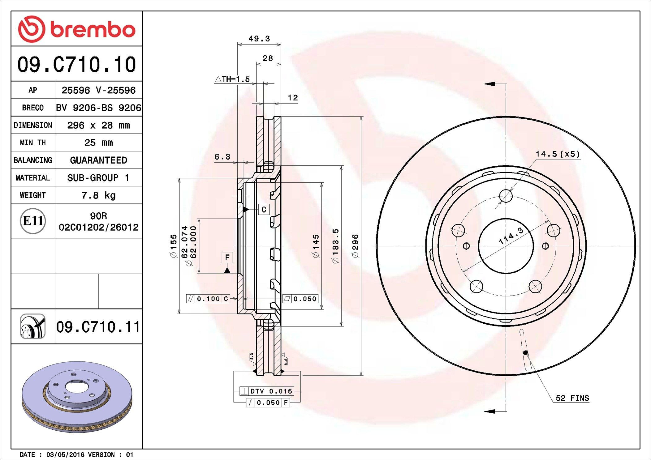 Tarcza hamulcowa przednia Brembo 09C71011 cena, od 69,79 USD