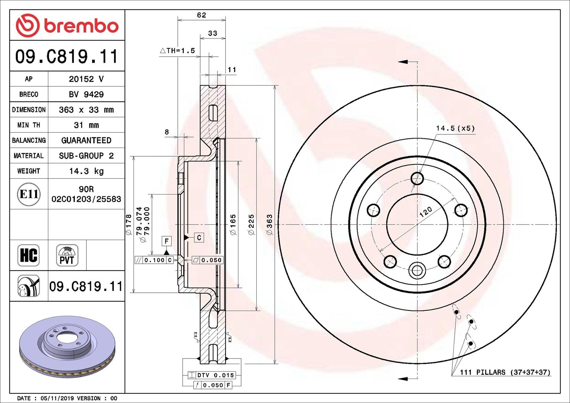 Tarcza hamulcowa przednia Brembo 09C81911 cena, od 140,85 USD