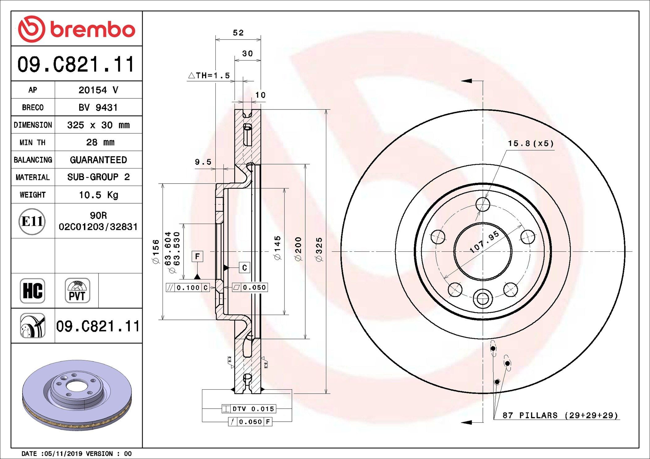 Tarcza hamulcowa przednia Brembo 09C82111 cena, od 88,36 USD
