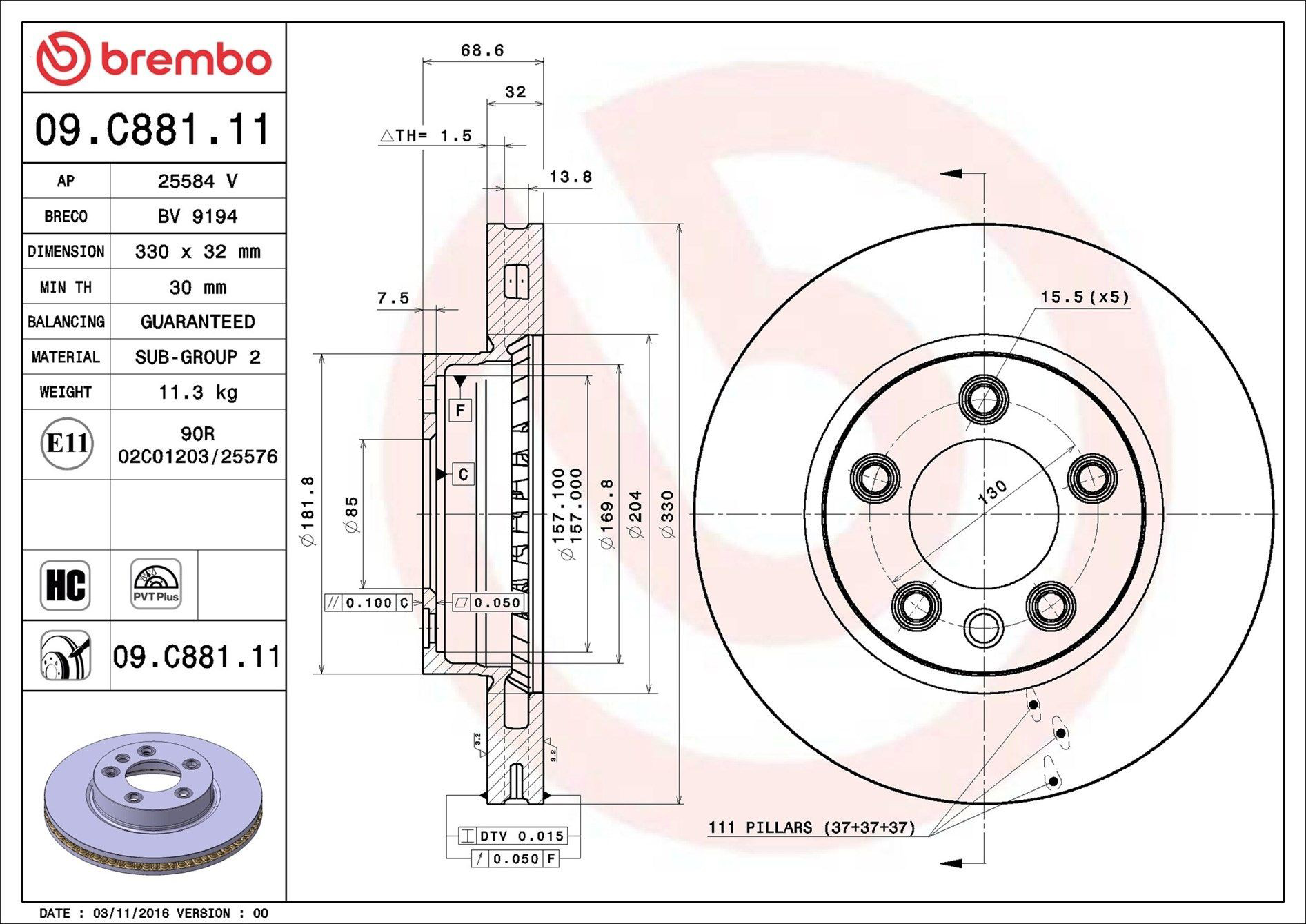 Tarcza hamulcowa przednia Brembo 09C88111 cena, od 85,16 USD