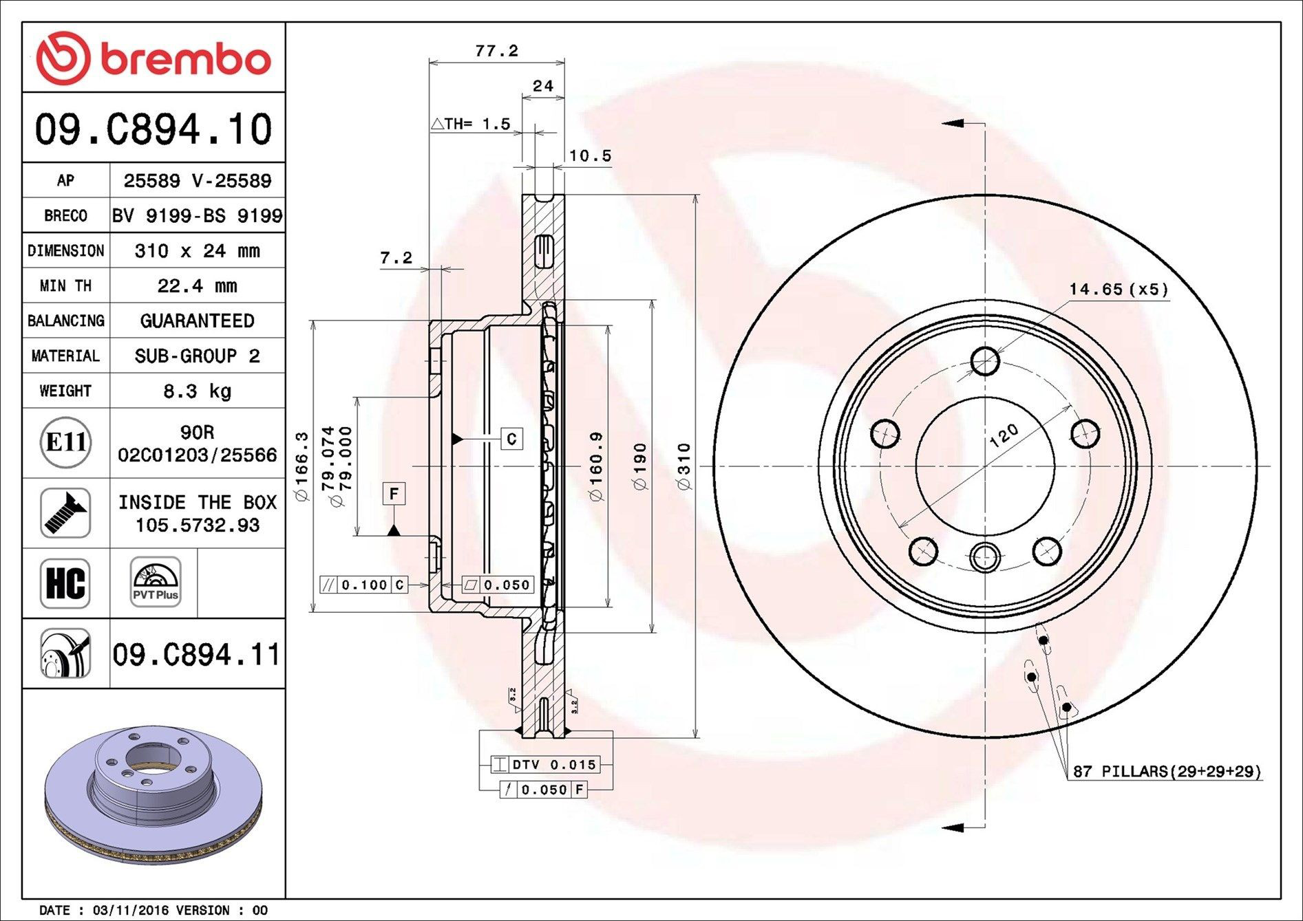 09C89411 Brembo Tarcza hamulcowa przednia