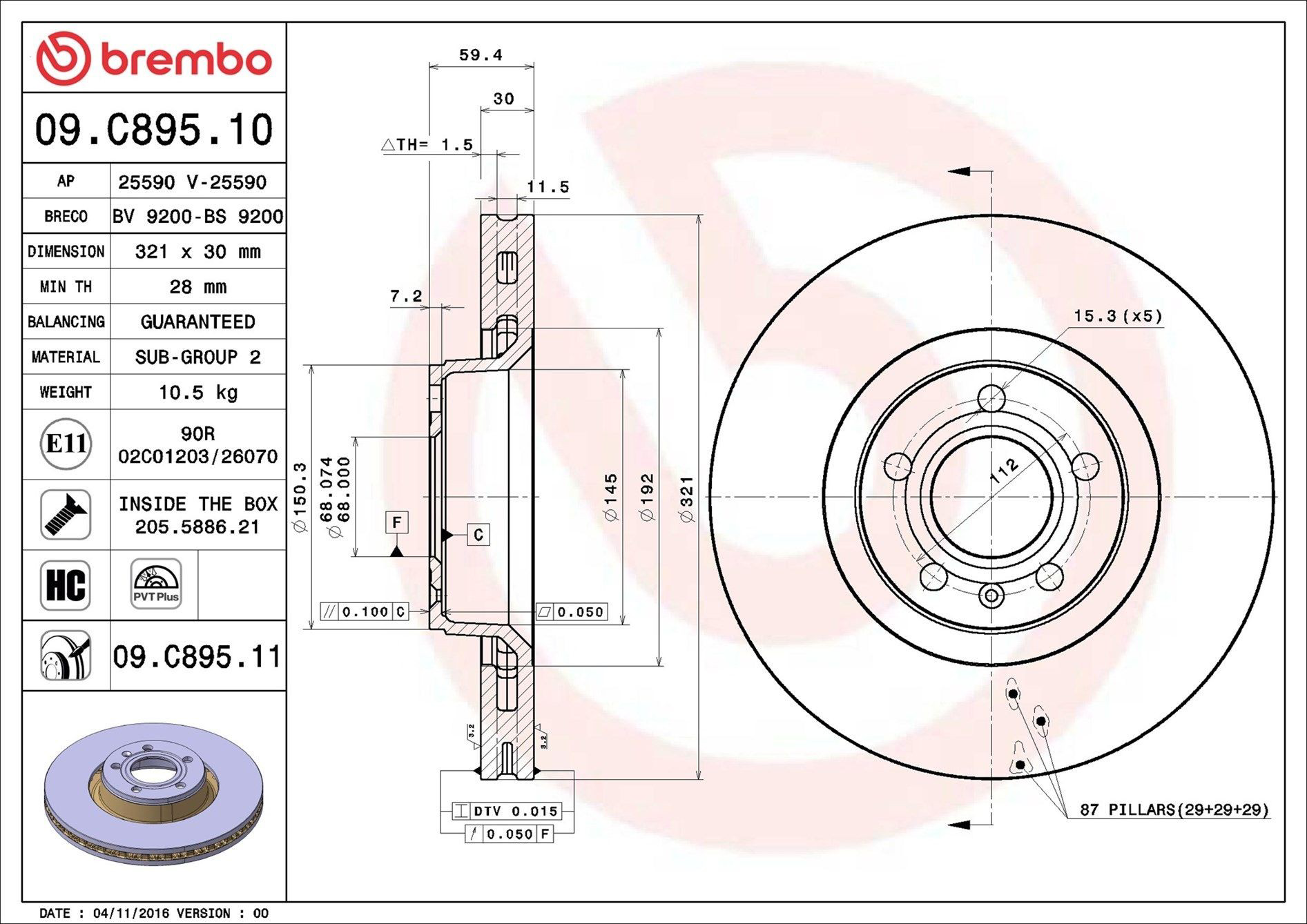 Tarcza hamulcowa przednia Brembo 09C89511 cena, od 65,58 USD