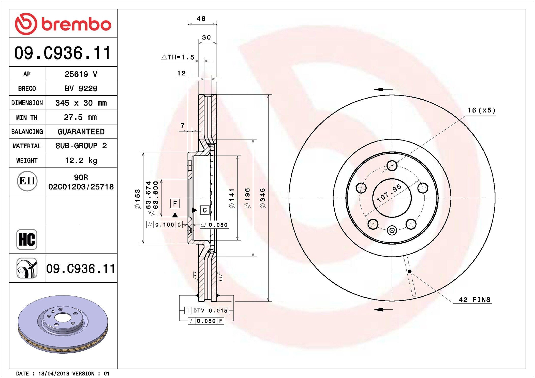 09C93611 Brembo Tarcza hamulcowa przednia