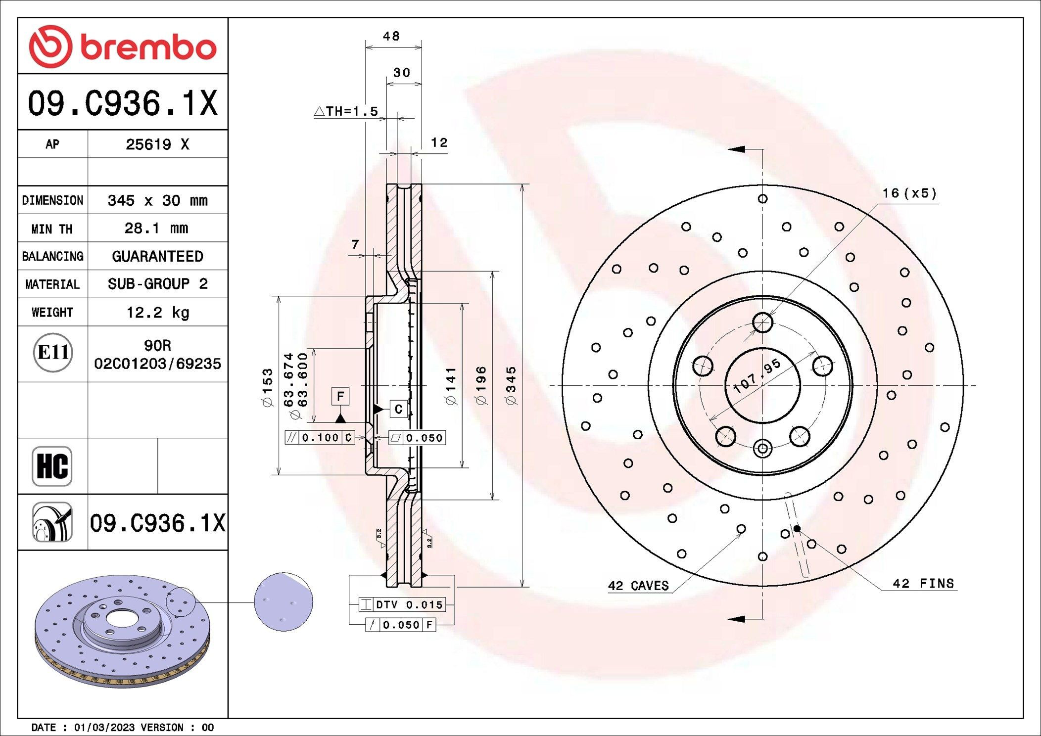 Tarcza hamulcowa przednia Brembo 09C9361X cena, od 113,83 USD