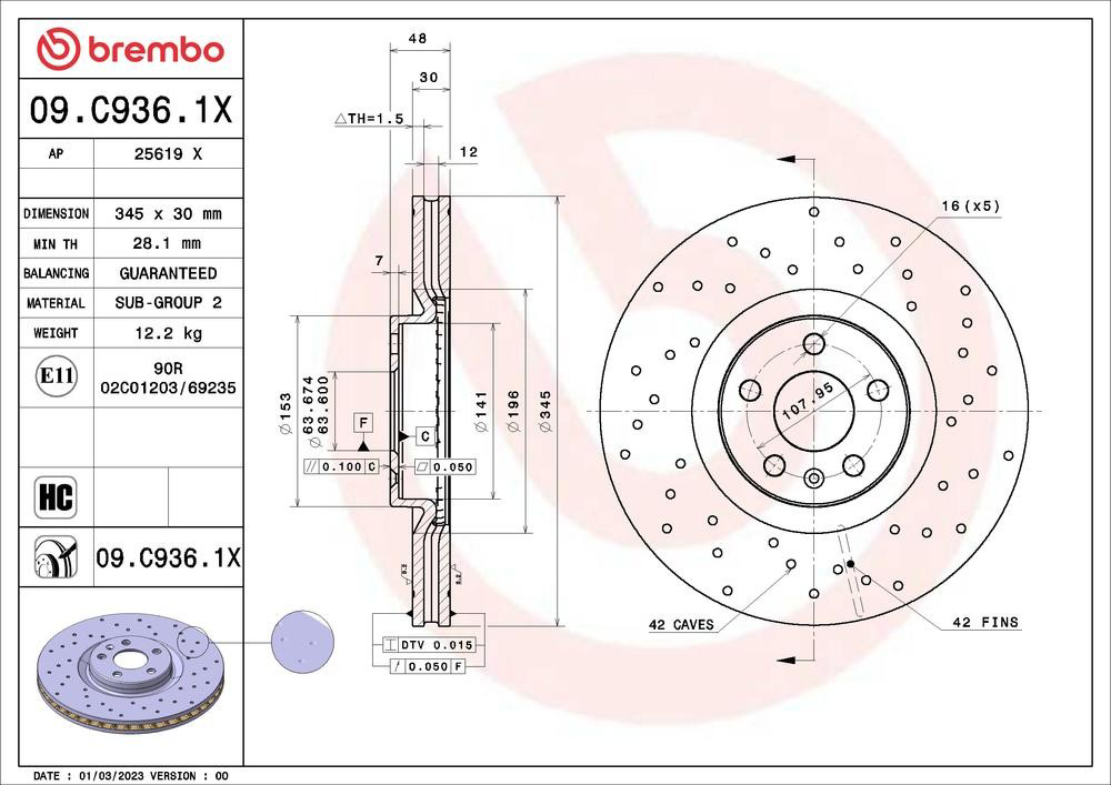 Do koszyka 09C9361X Brembo Tarcza hamulcowa przednia