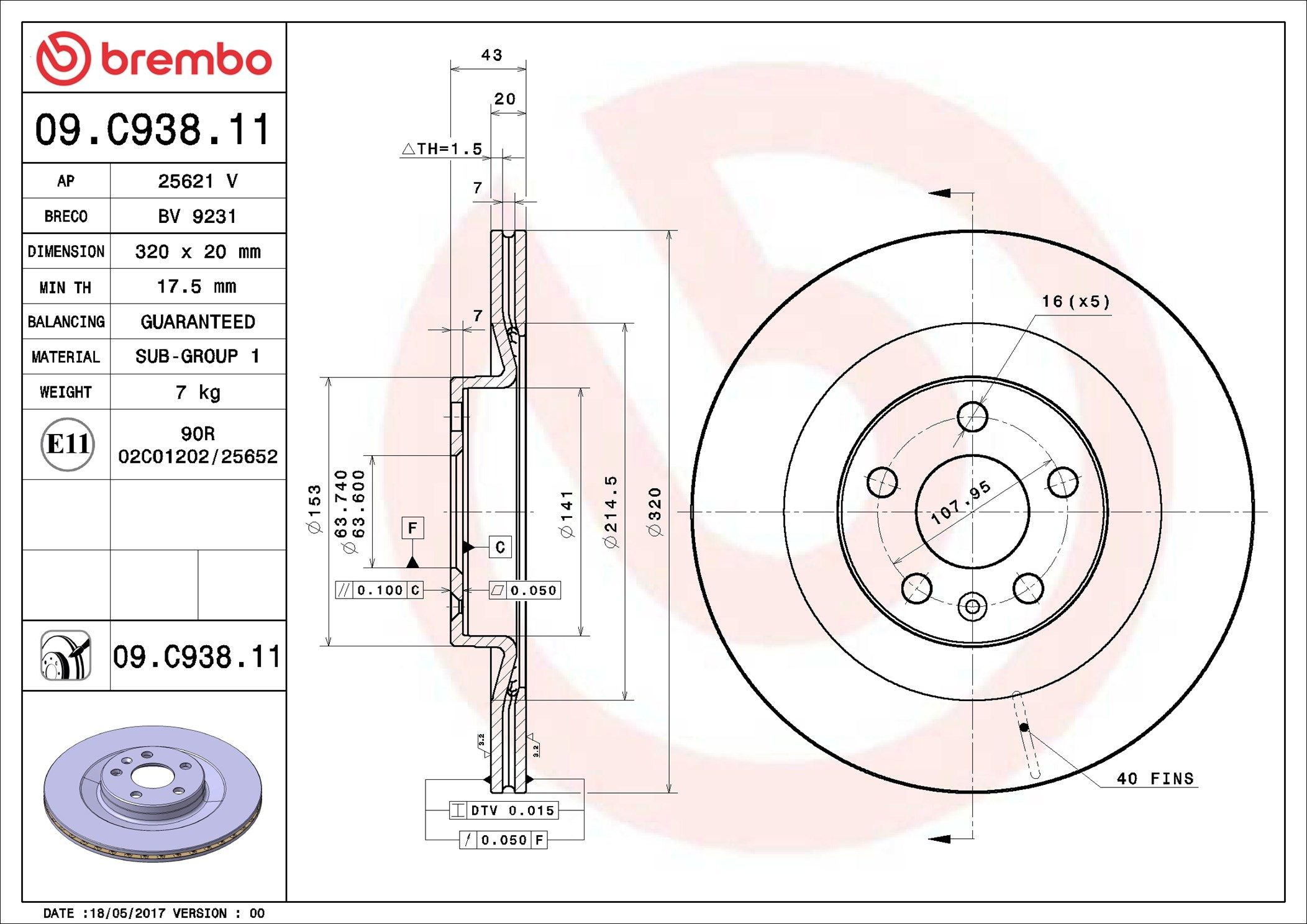 Do koszyka 09C93811 Brembo Tarcza hamulcowa tylna