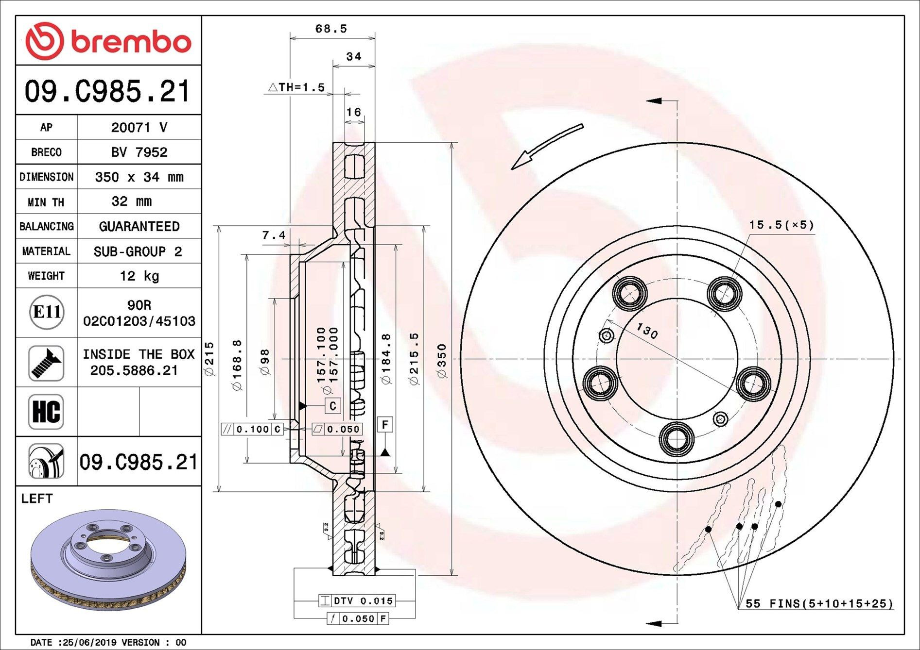 Tarcza hamulcowa przednia Brembo 09C98521 cena, od 190,14 USD