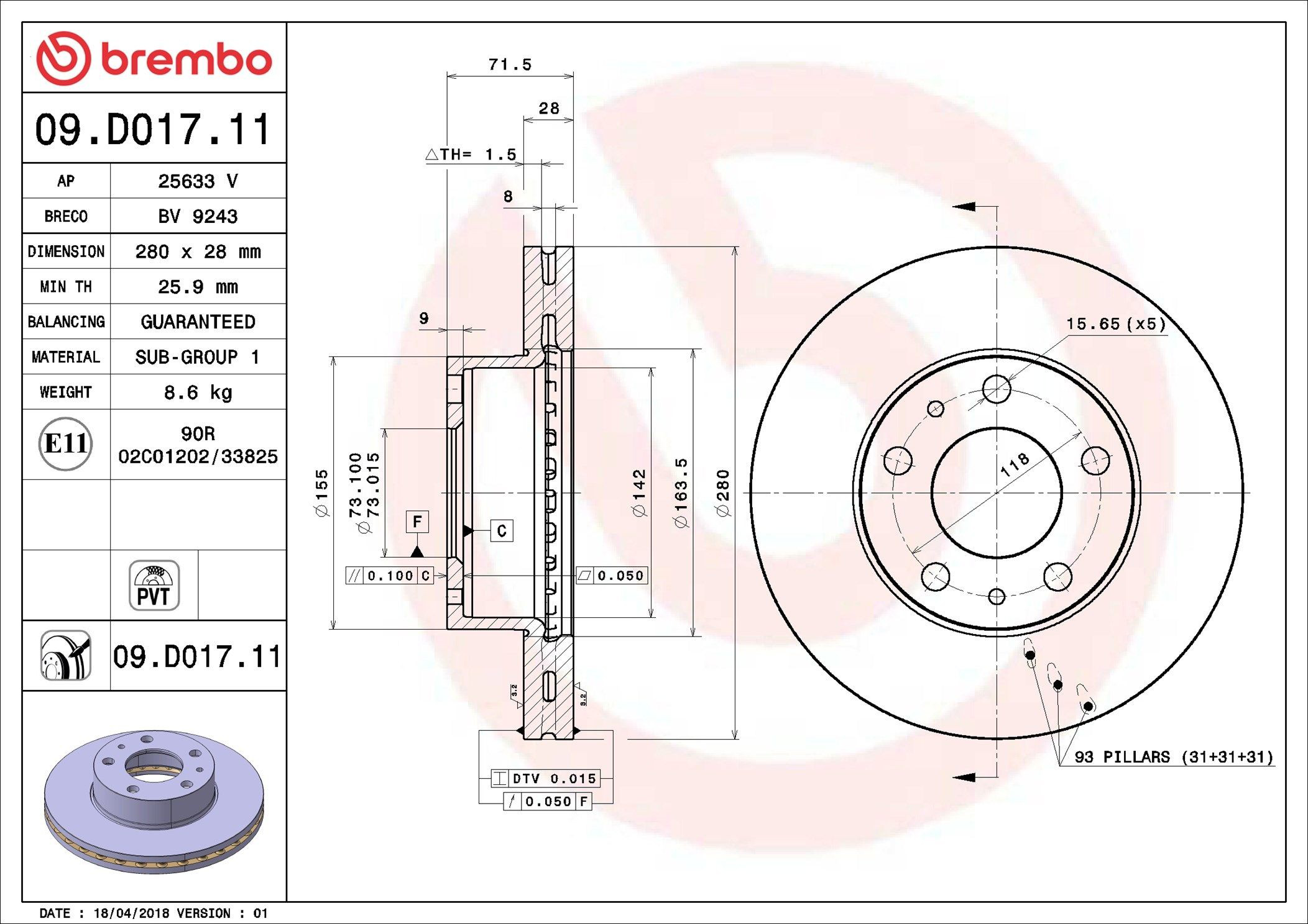Tarcza hamulcowa przednia Brembo 09D01711 cena, od 50,32 USD