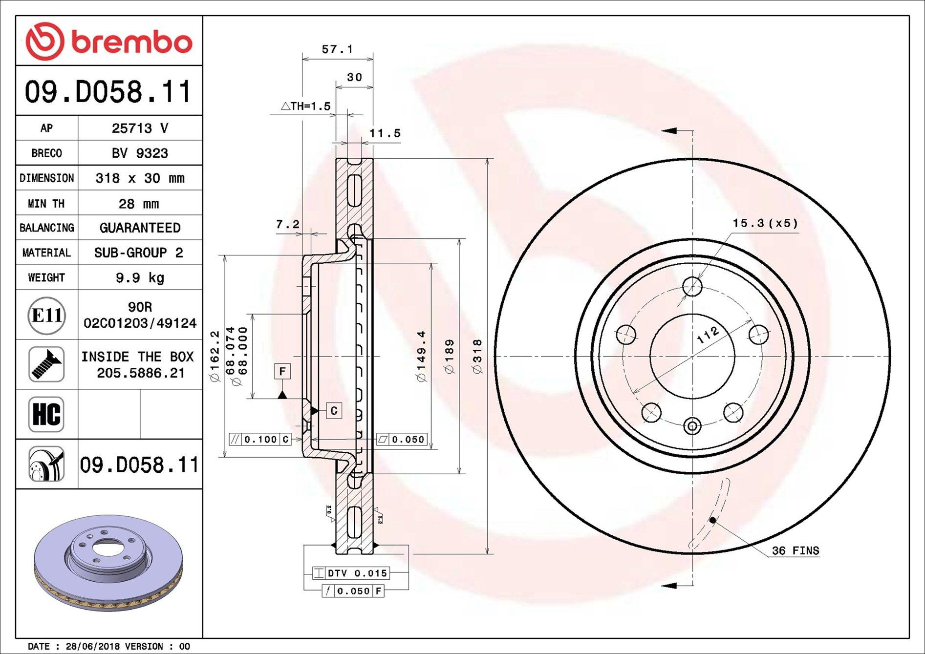 Tarcza hamulcowa przednia Brembo 09D05811 cena, od 108,41 USD