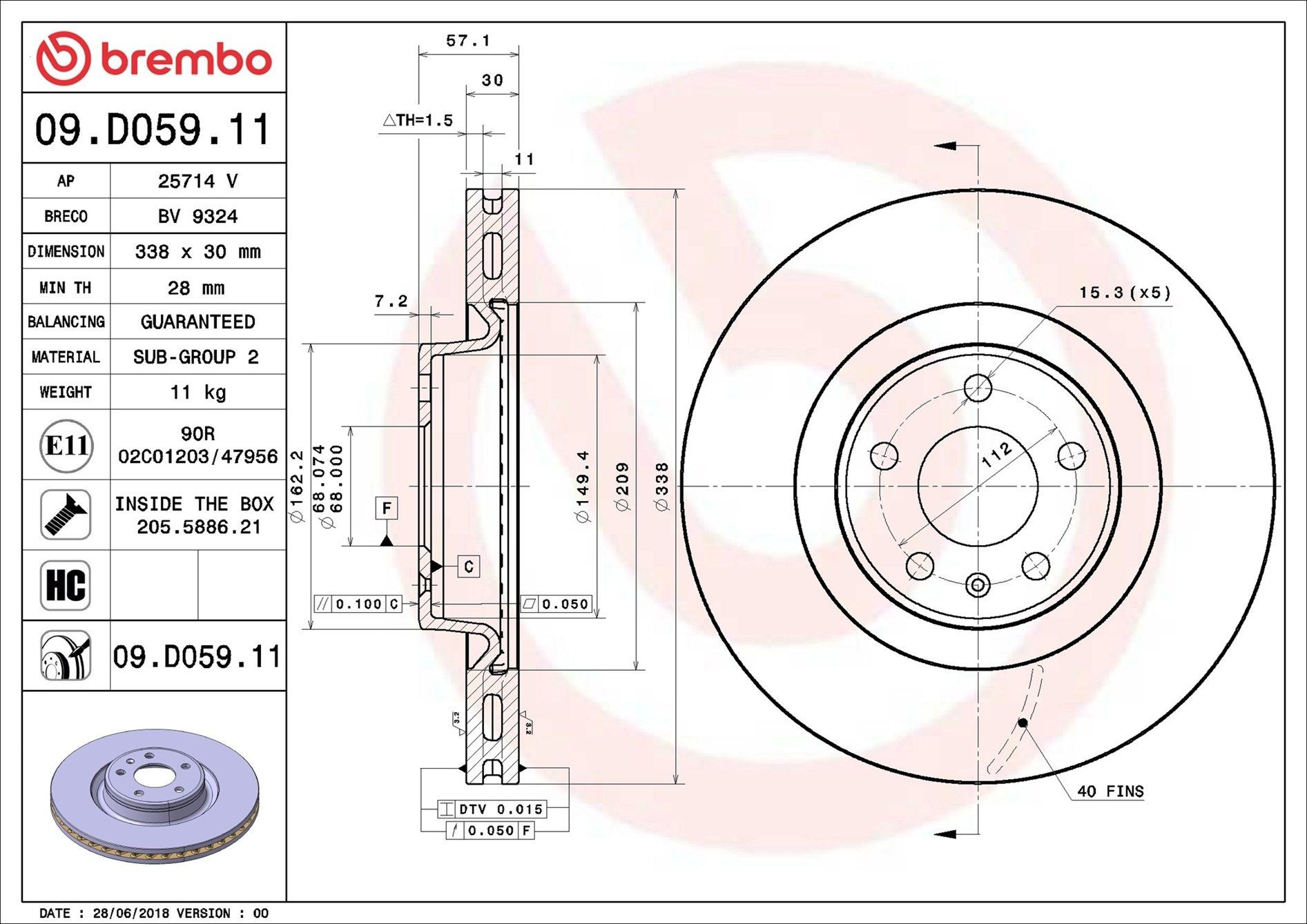 Tarcza hamulcowa przednia Brembo 09D05911