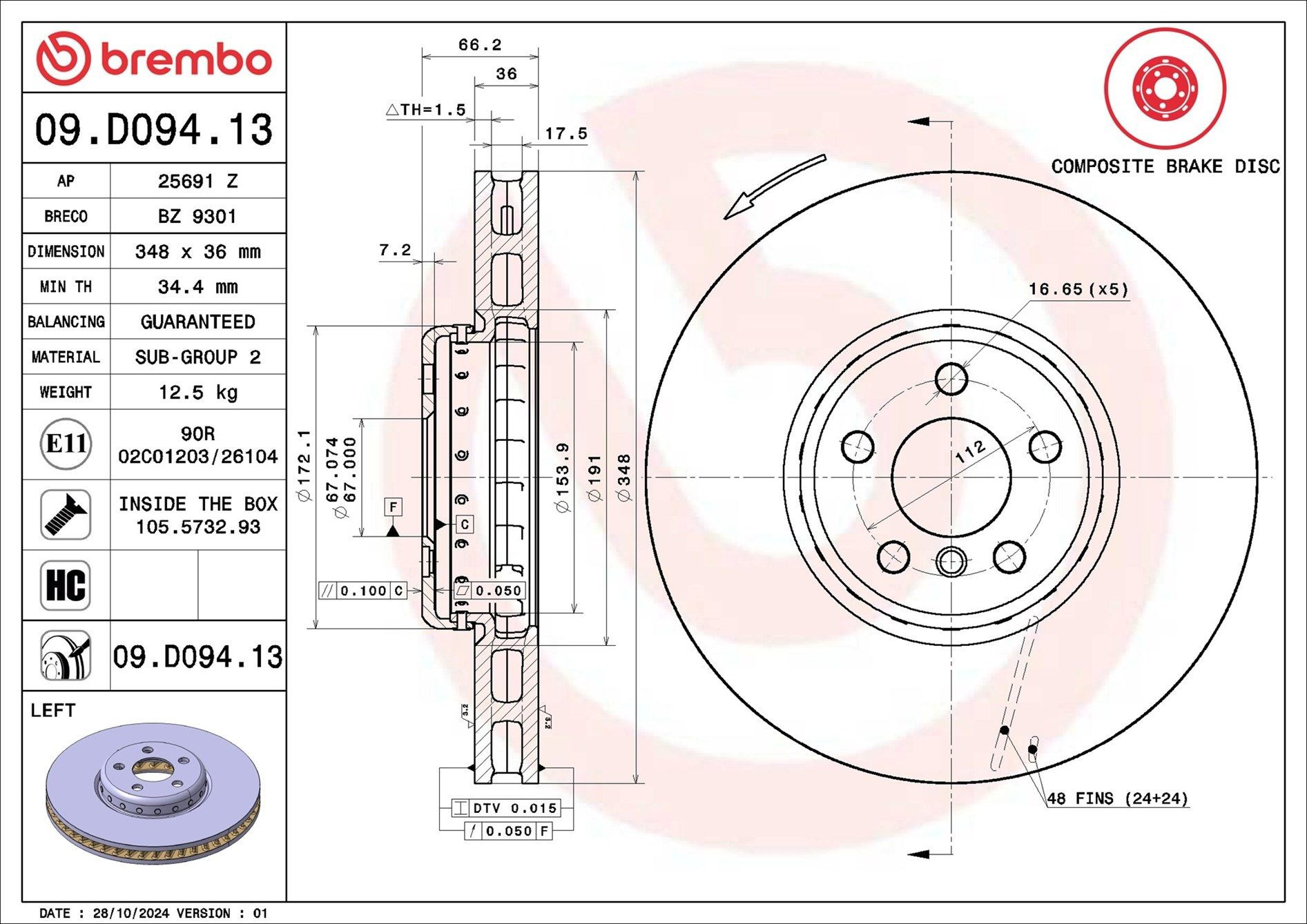 Tarcza hamulcowa przednia Brembo 09D09413 cena, od 128,19 USD