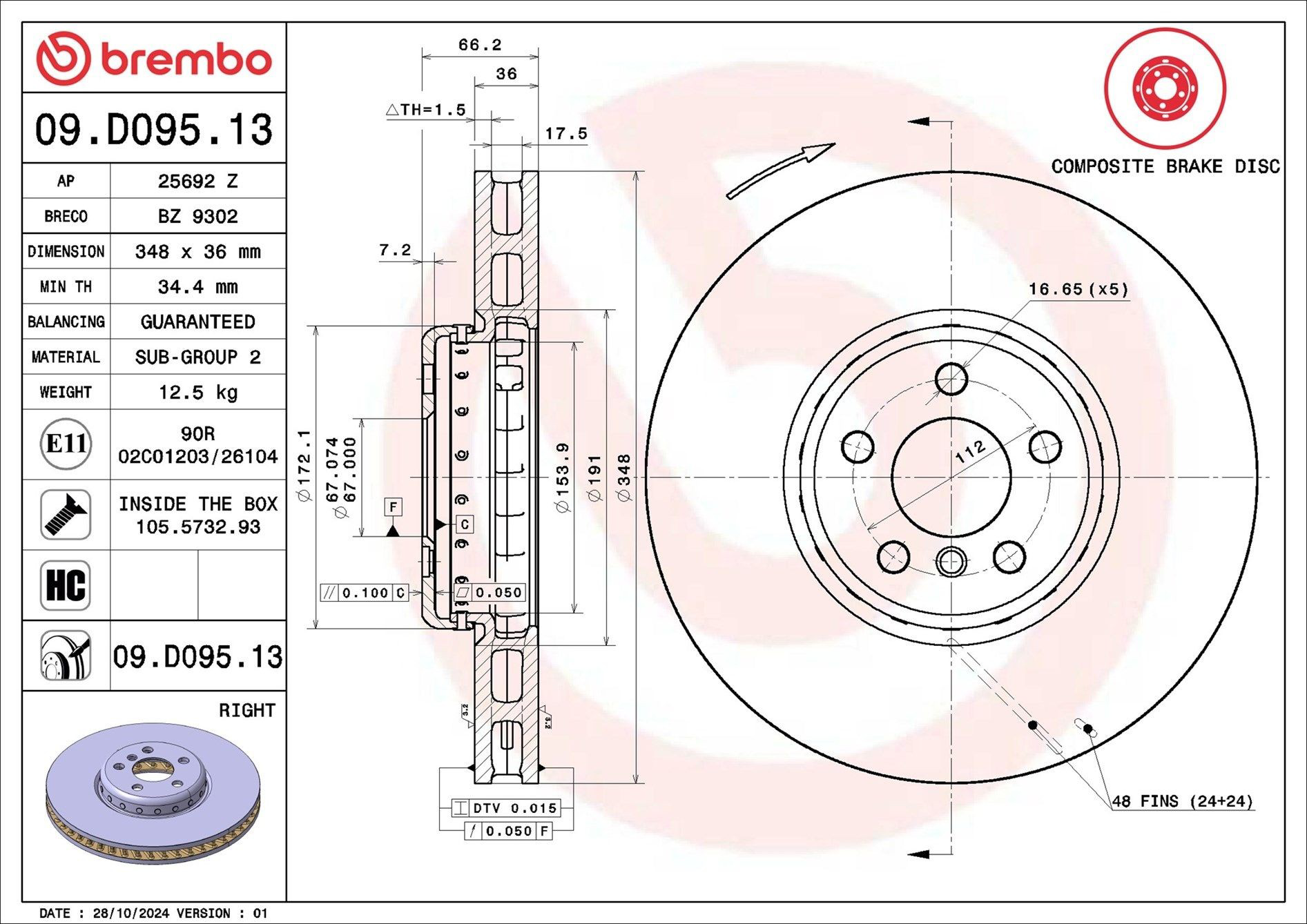 Tarcza hamulcowa przednia Brembo 09D09513 cena, od 176,64 USD