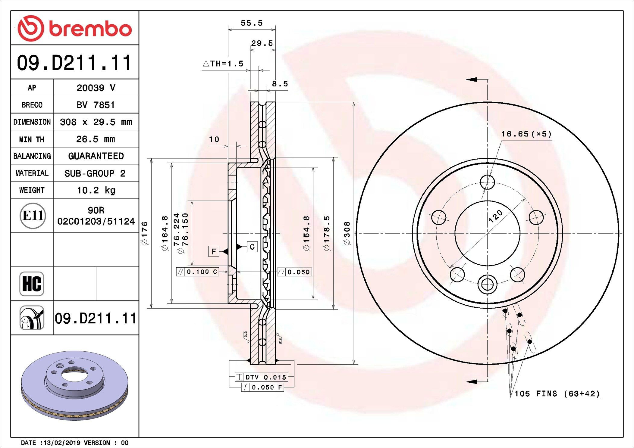 Tarcza hamulcowa przednia Brembo 09D21111 cena, od 68,59 USD