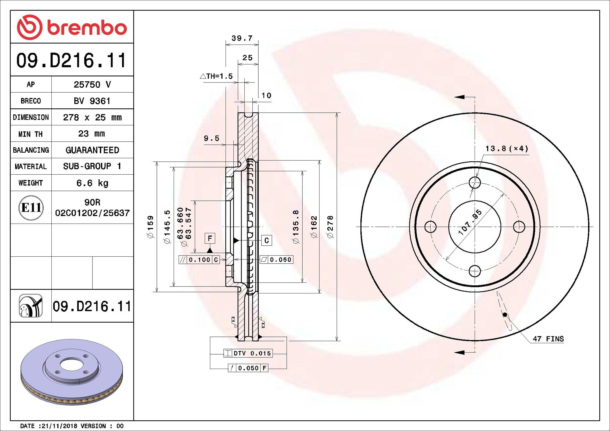 Tarcza hamulcowa przednia Brembo 09D21611 cena, od 62,83 USD