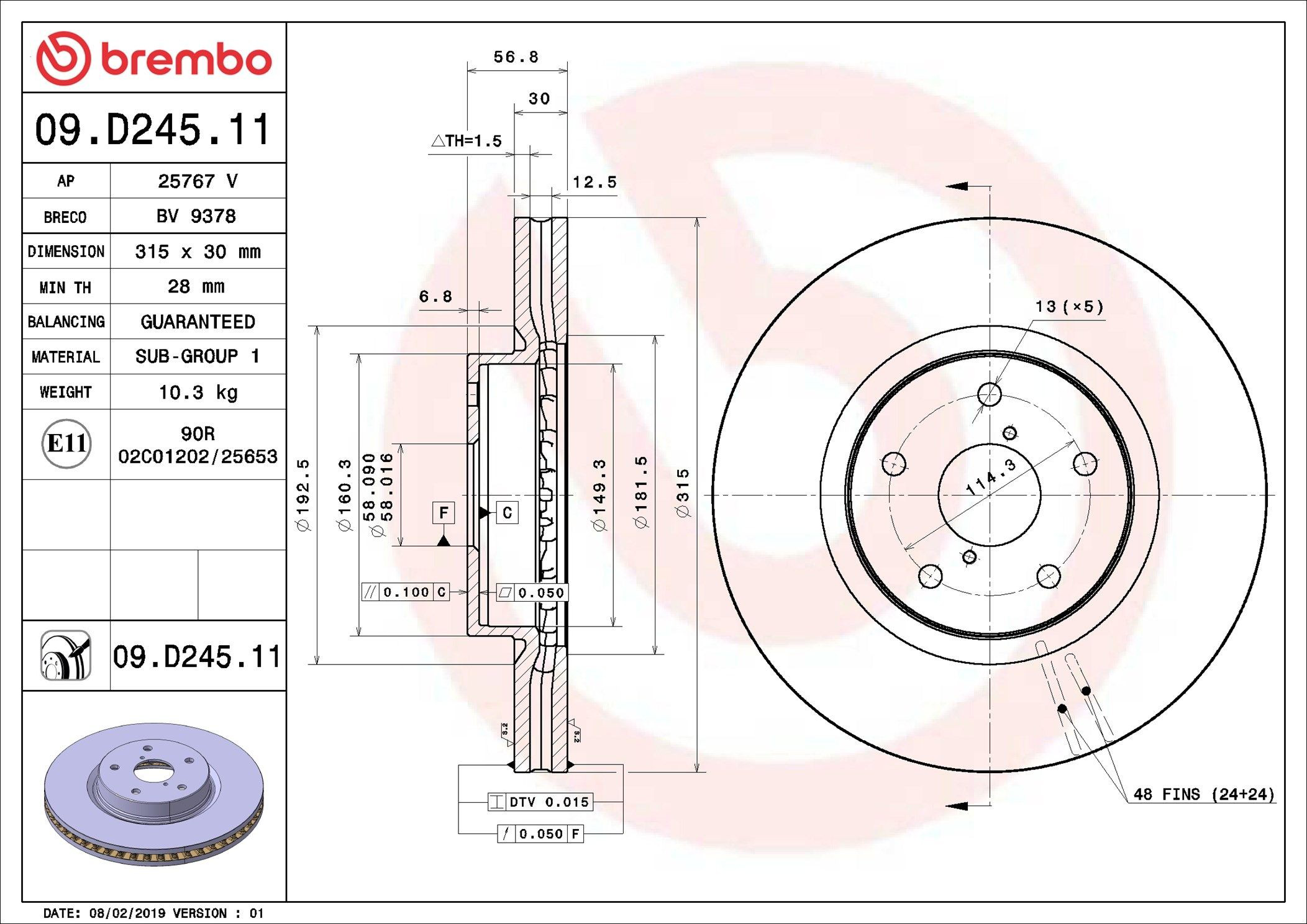 Tarcza hamulcowa przednia Brembo 09D24511 cena, od 95,37 USD