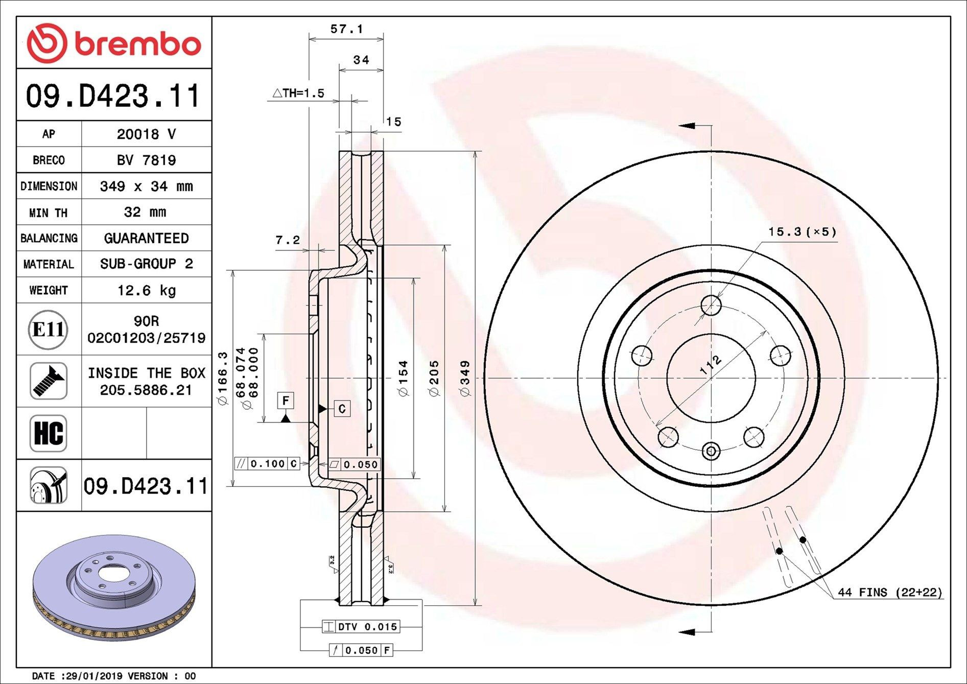 Do koszyka 09D42311 Brembo Tarcza hamulcowa przednia