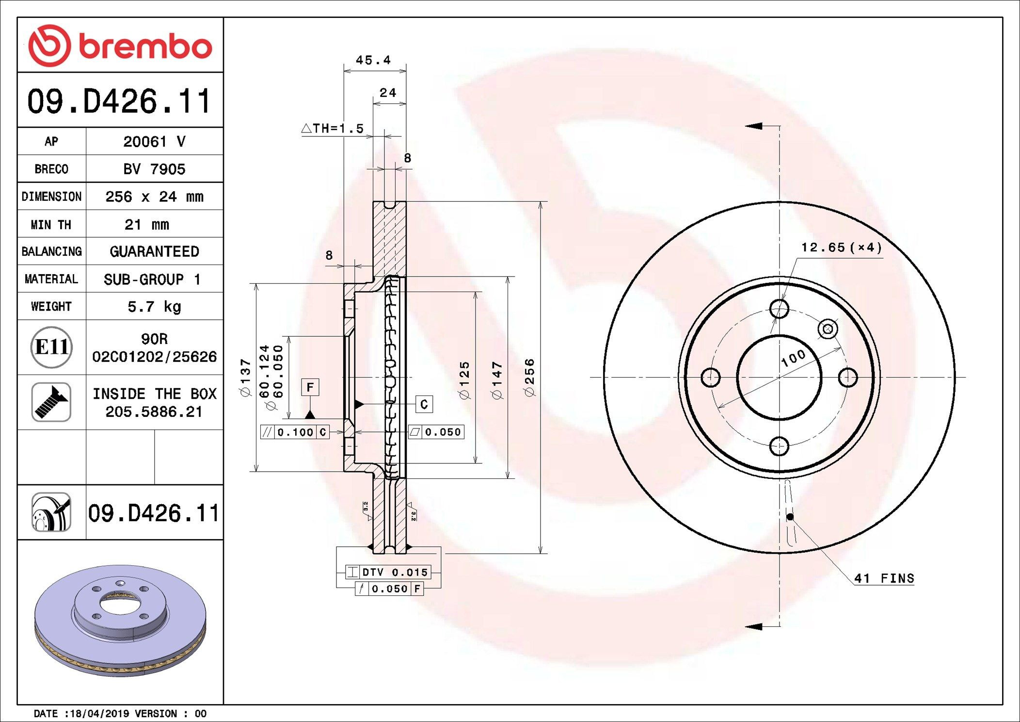 Tarcza hamulcowa przednia Brembo 09D42611 cena, od 50,44 USD