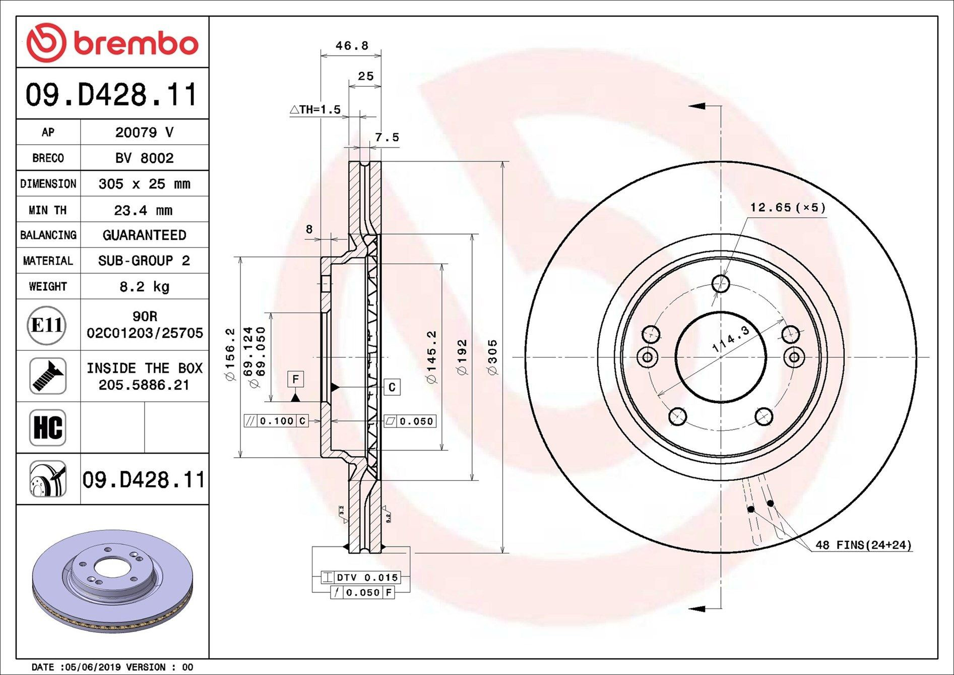 Tarcza hamulcowa przednia Brembo 09D42811 cena, od 65,51 USD