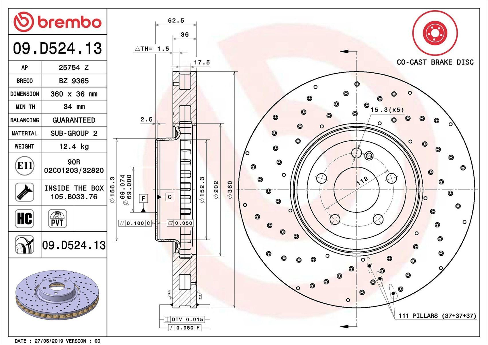 Tarcza hamulcowa przednia Brembo 09D52413 cena, od 258,88 USD