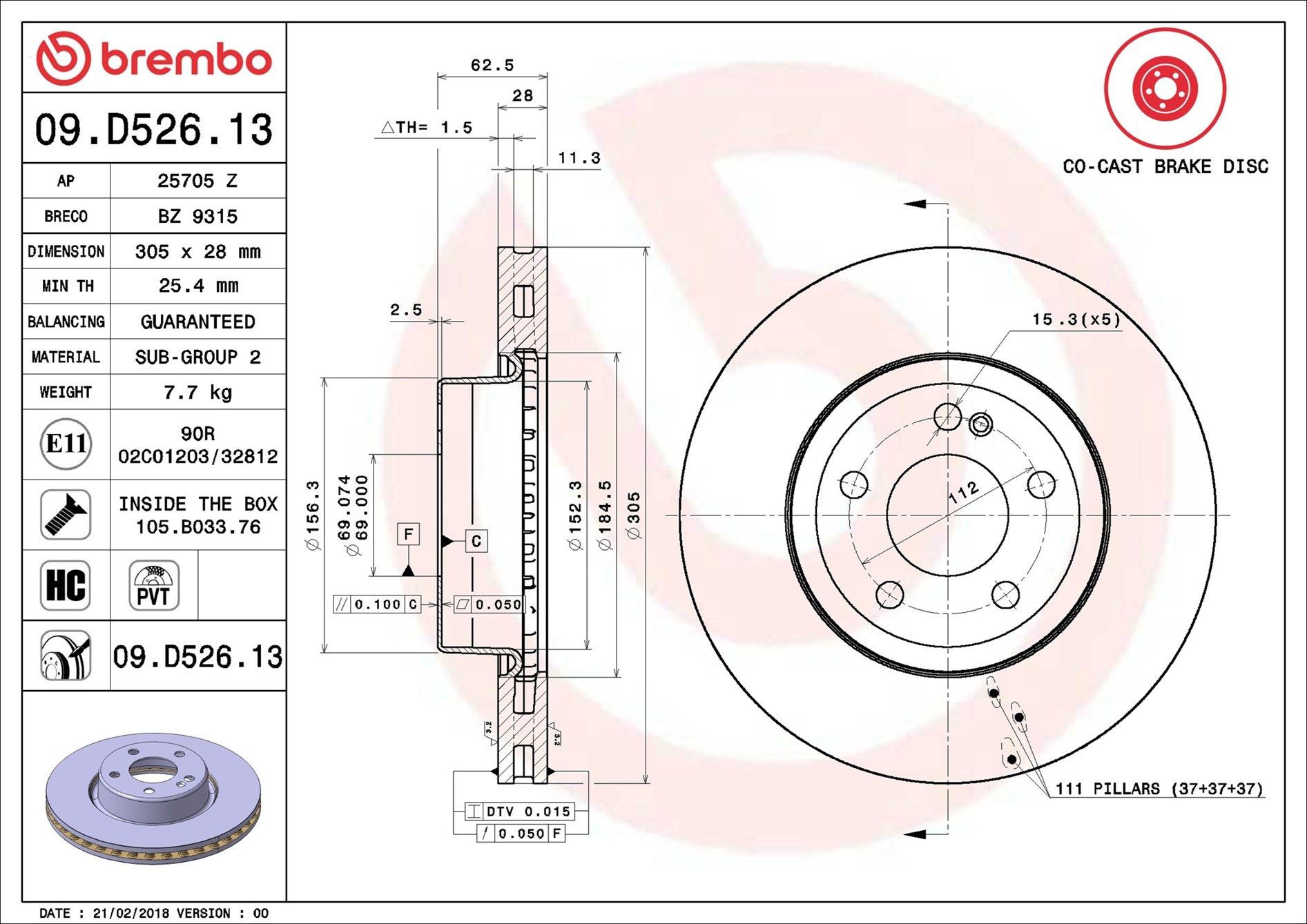 Tarcza hamulcowa przednia Brembo 09D52613 cena, od 113,47 USD