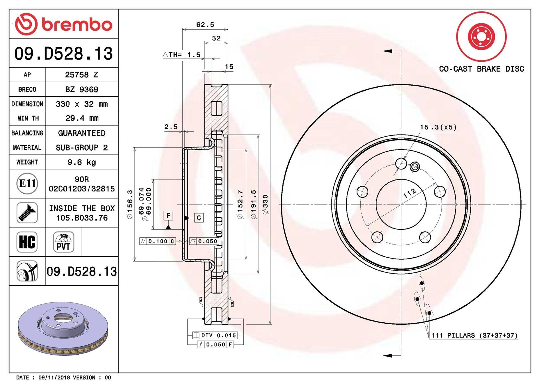 Tarcza hamulcowa przednia Brembo 09D52813