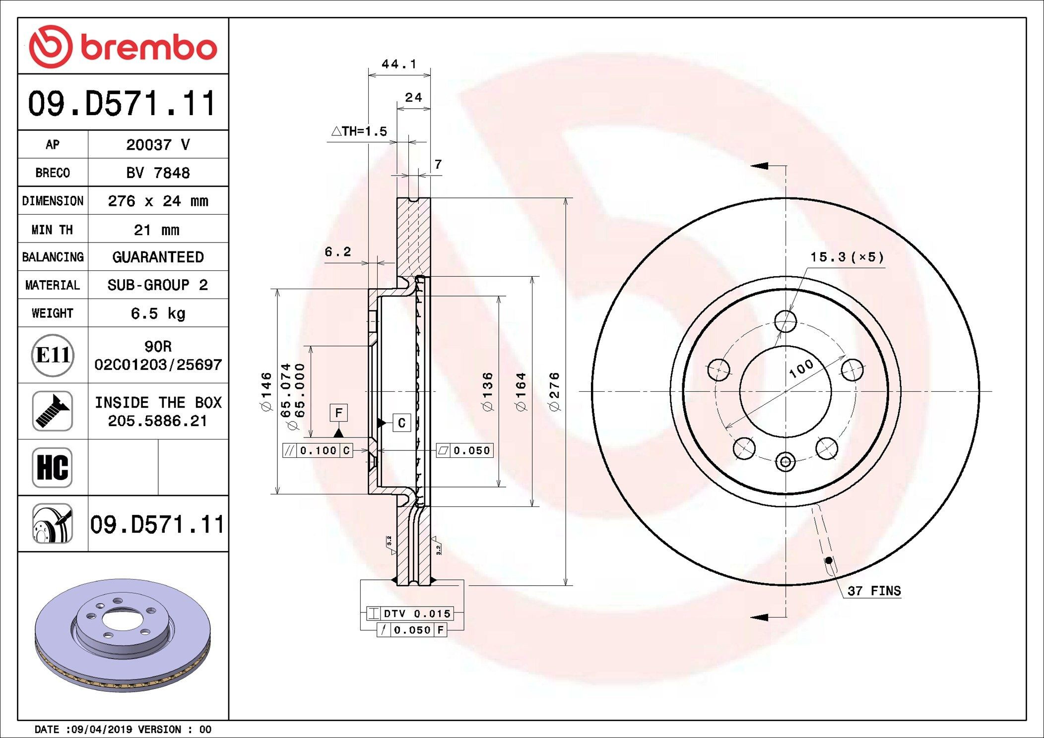 Tarcza hamulcowa przednia Brembo 09D57111 cena, od 59,53 USD