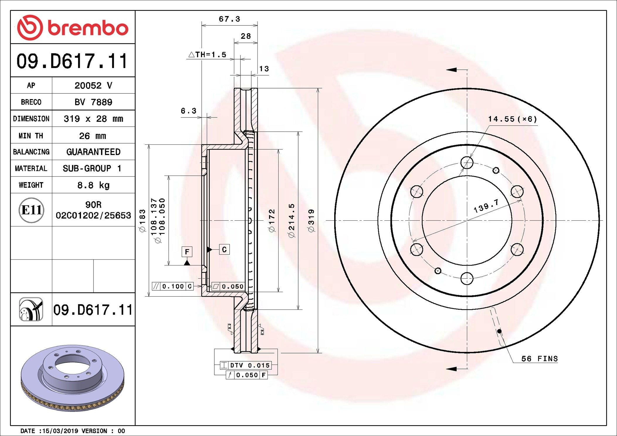 Tarcza hamulcowa przednia Brembo 09D61711 cena, od 71,67 USD