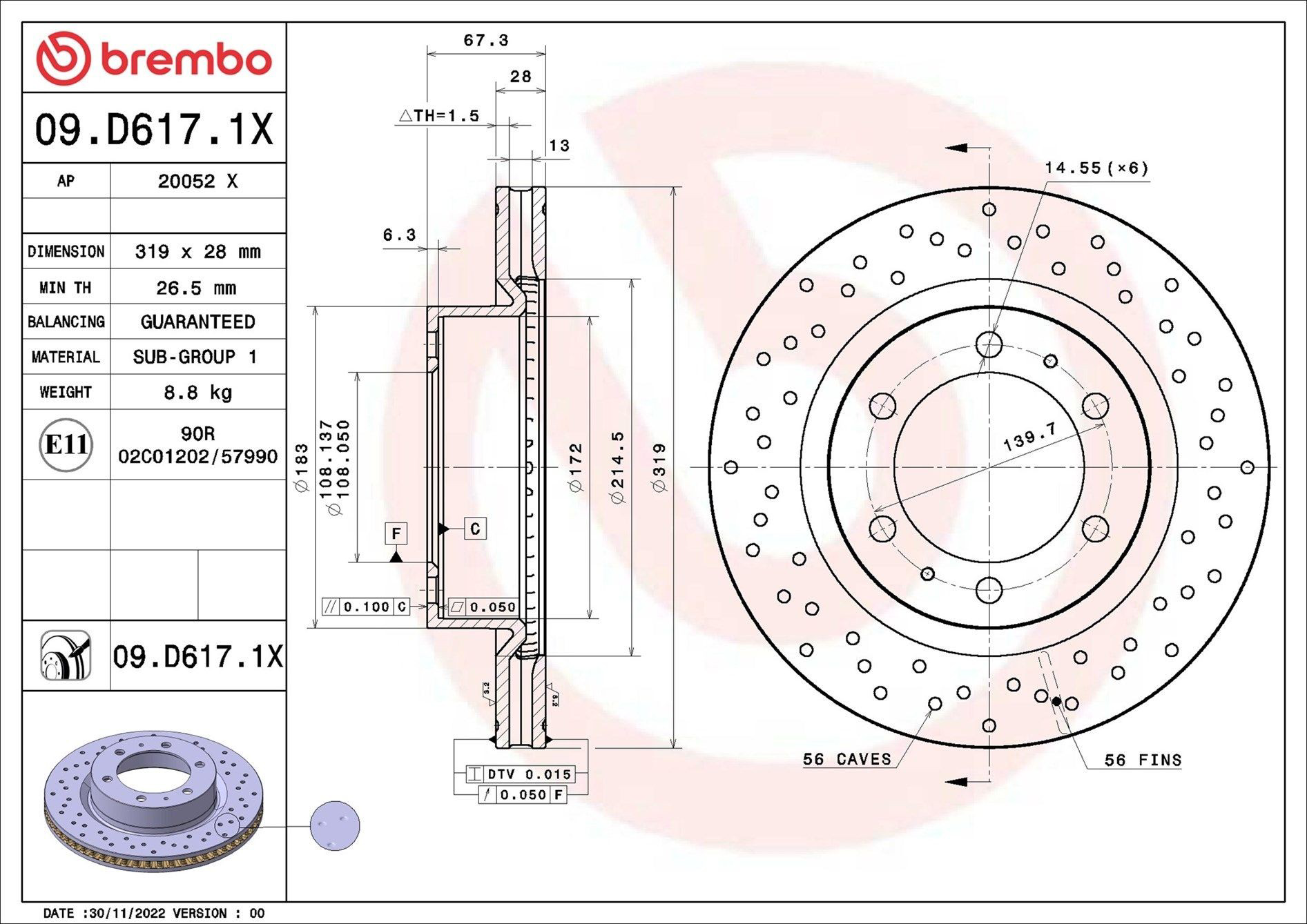 Tarcza hamulcowa przednia Brembo 09D6171X cena, od 85,54 USD