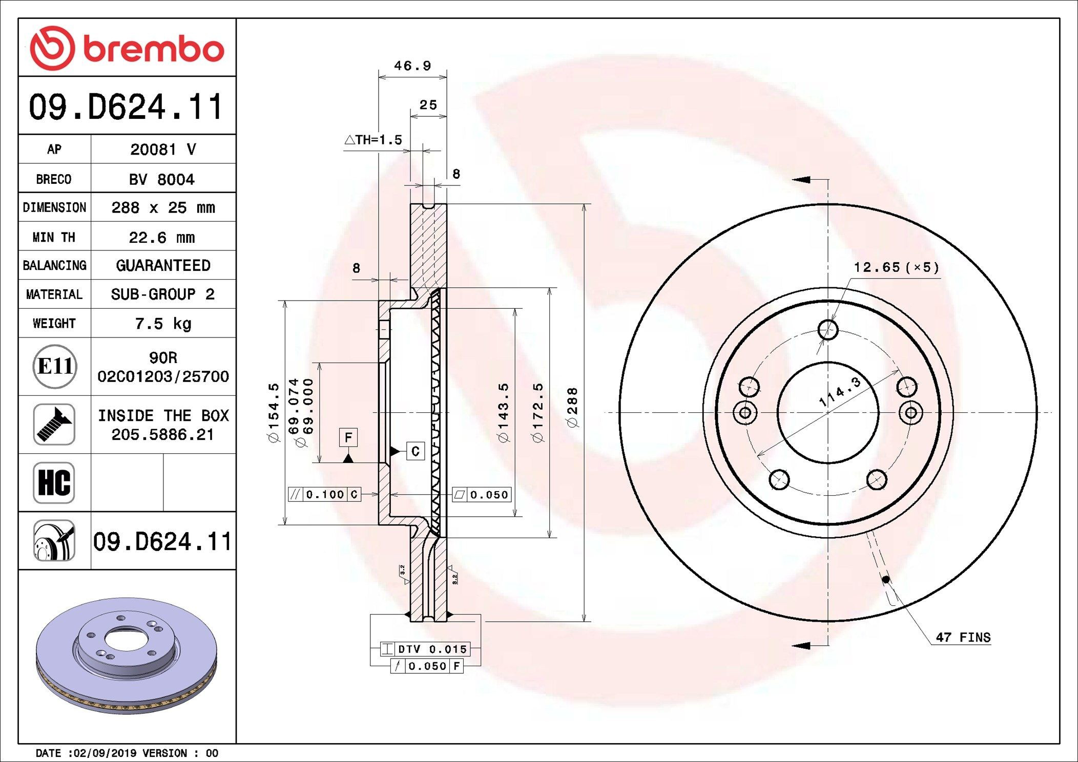 Tarcza hamulcowa przednia Brembo 09D62411 cena, od 67,04 USD