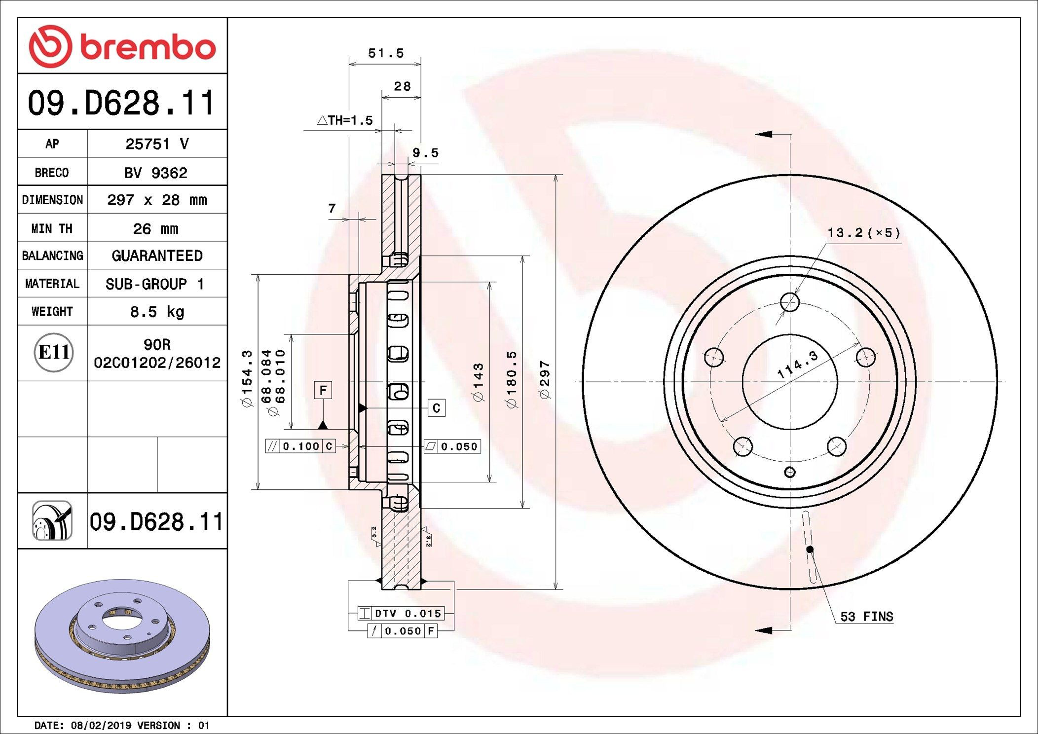 Tarcza hamulcowa przednia Brembo 09D62811 cena, od 81,93 USD