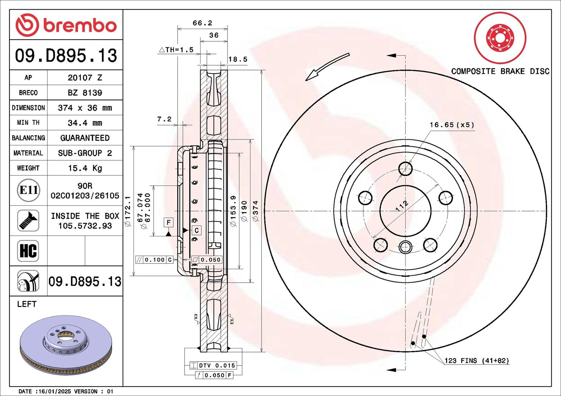 Do koszyka 09D89513 Brembo Tarcza hamulcowa przednia