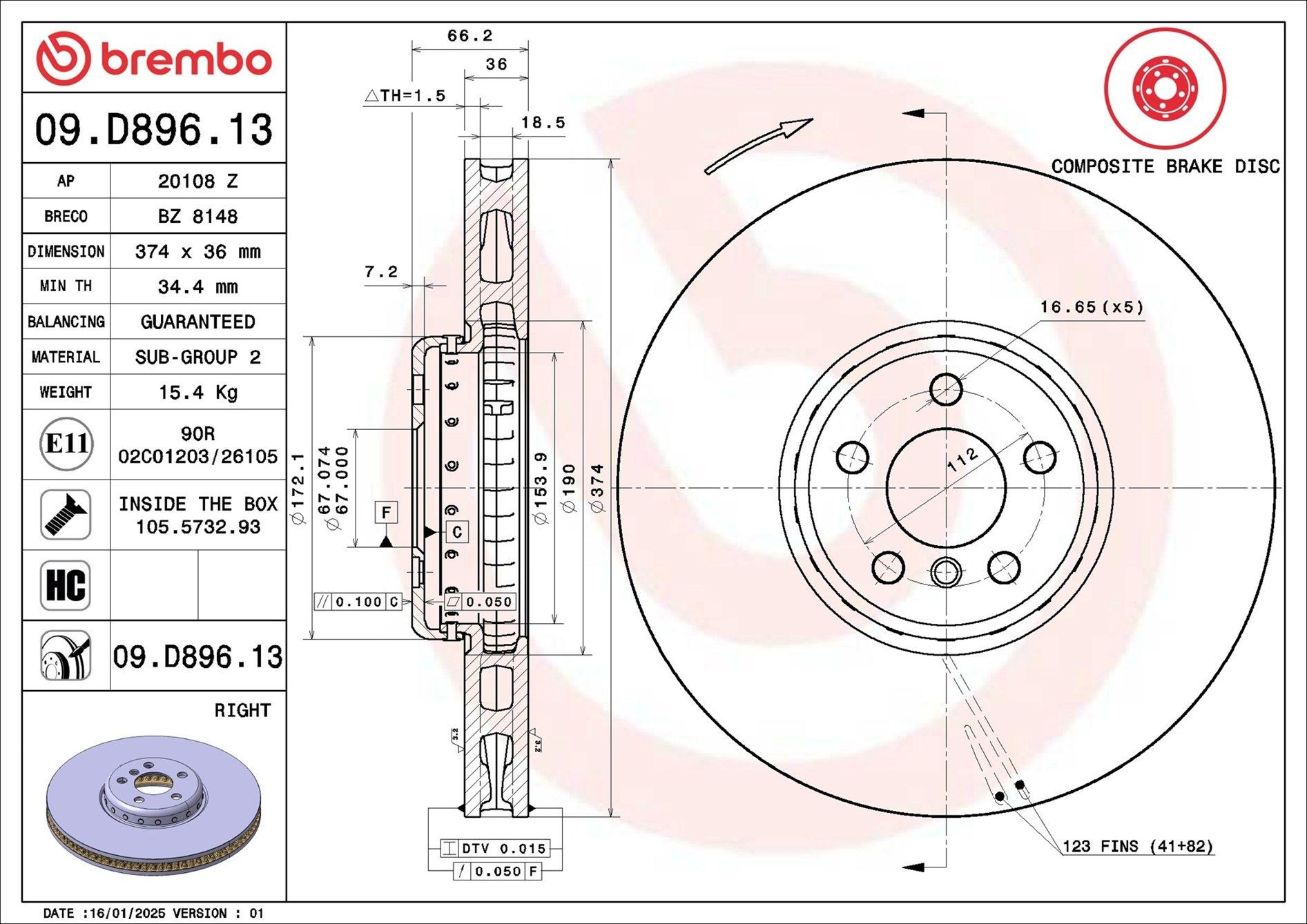 Tarcza hamulcowa przednia Brembo 09D89613 cena, od 261,12 USD