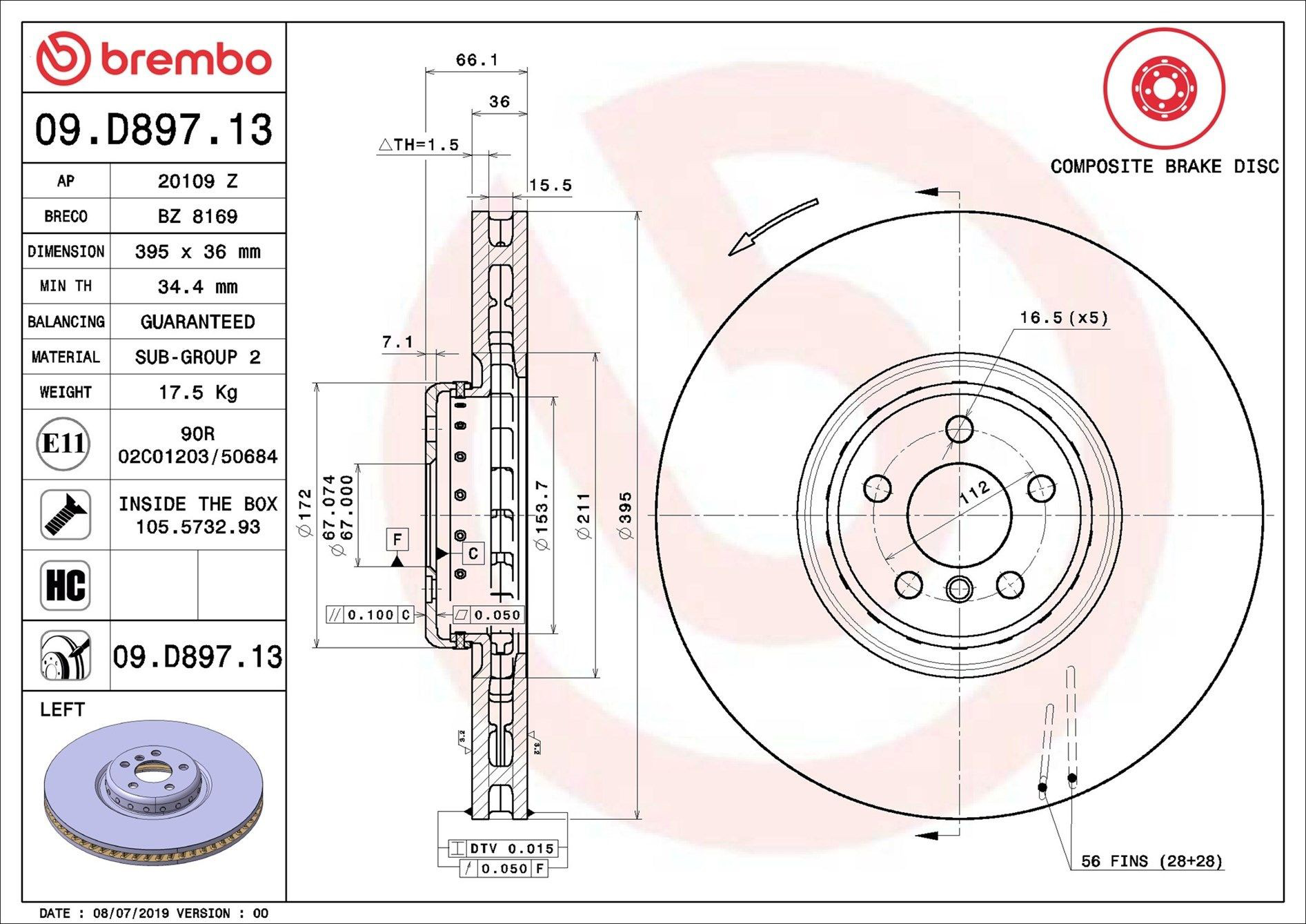 Do koszyka 09D89713 Brembo Tarcza hamulcowa przednia