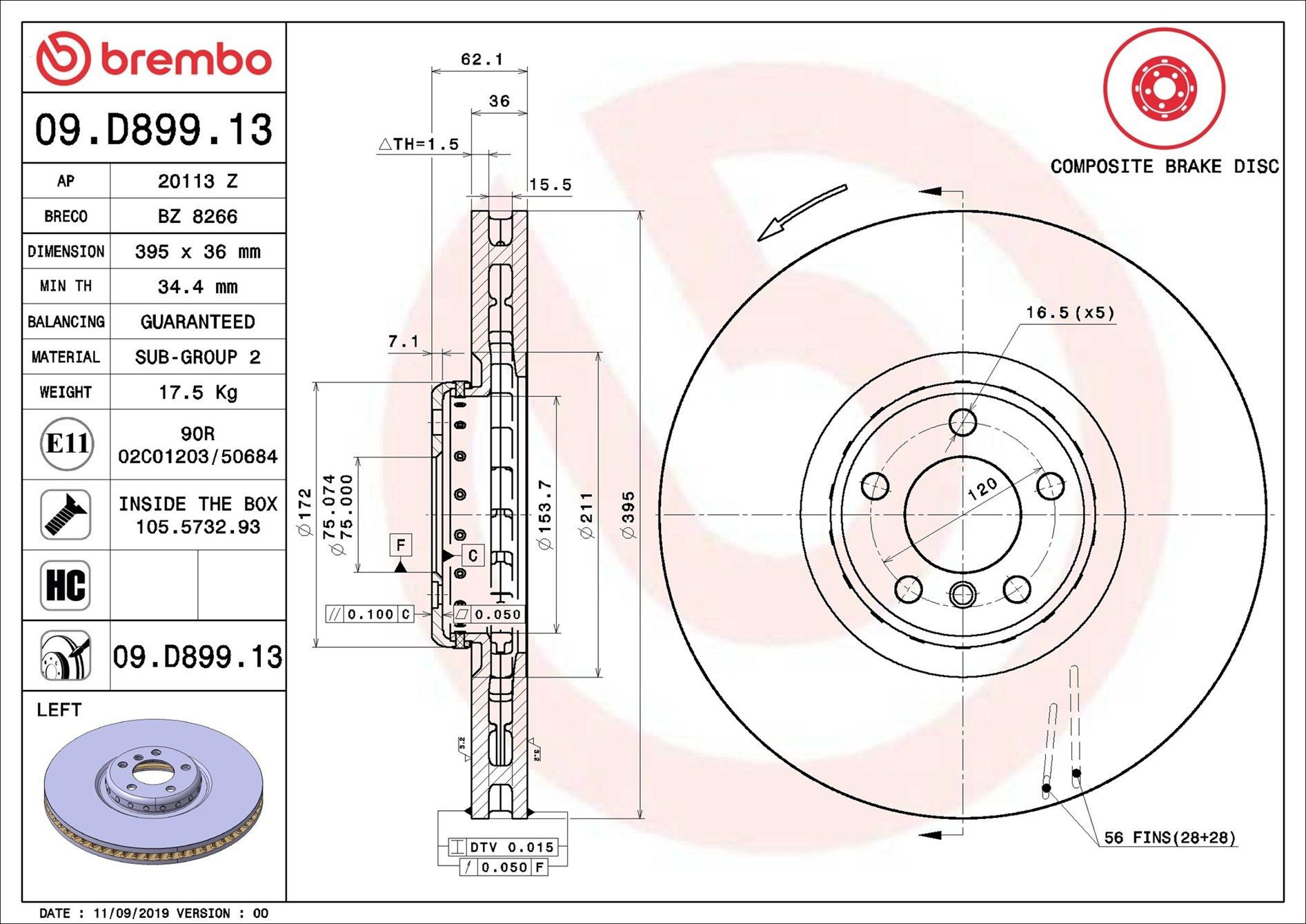 Tarcza hamulcowa przednia Brembo 09D89913 cena, od 387,54 USD