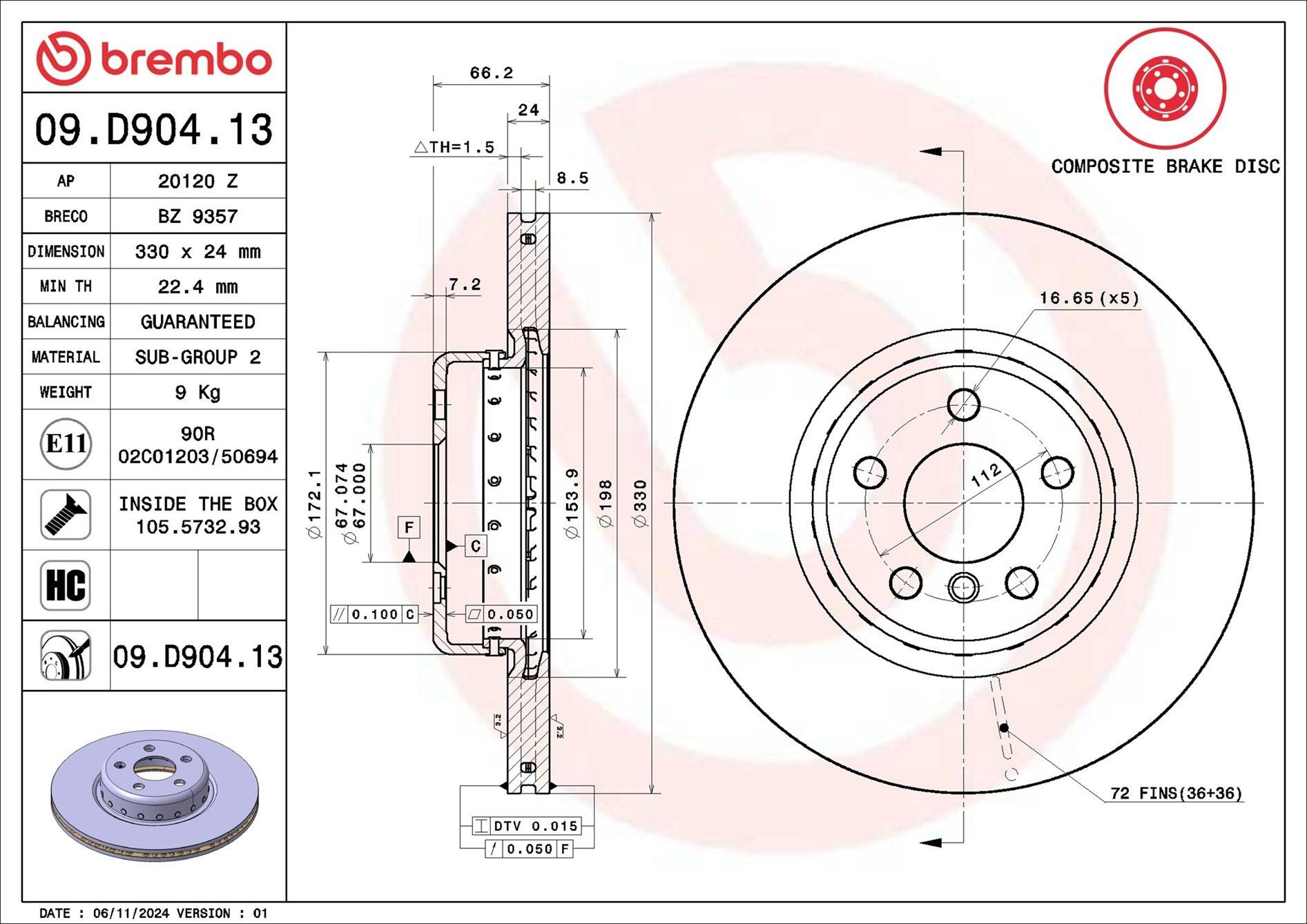 Tarcza hamulcowa przednia Brembo 09D90413 cena, od 114,91 USD