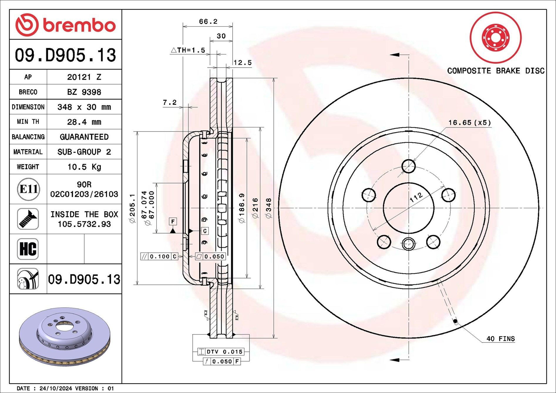 Do koszyka 09D90513 Brembo Tarcza hamulcowa przednia