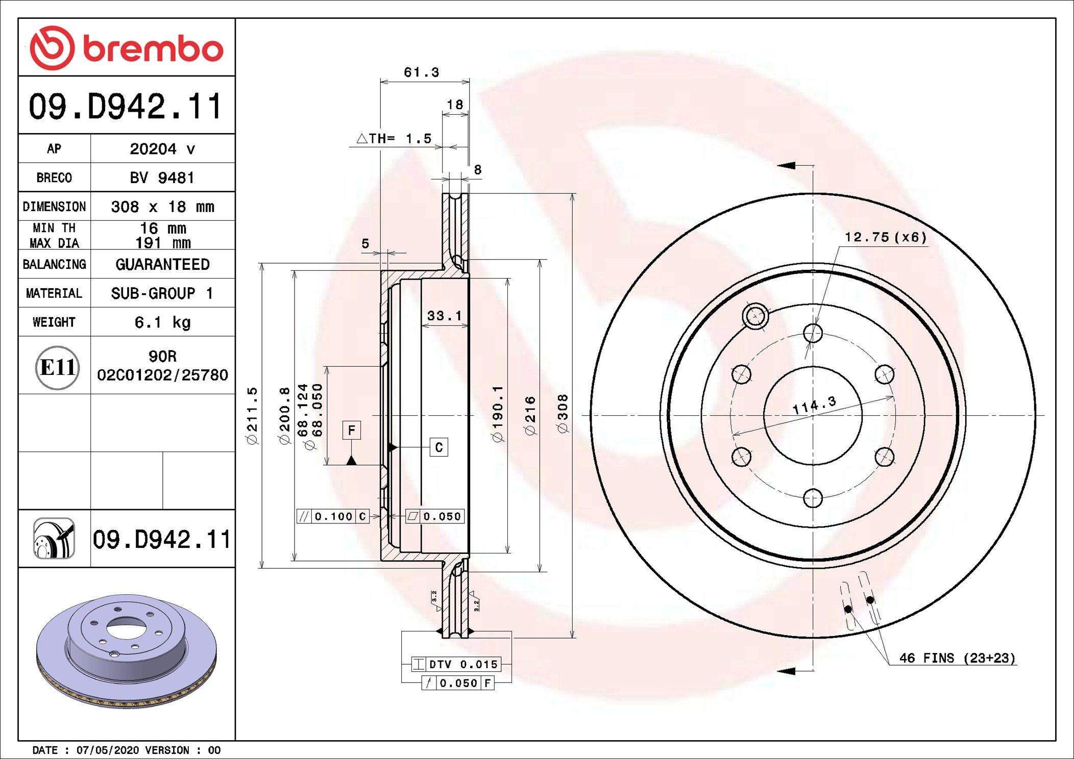 Tarcza hamulcowa tylna Brembo 09D94211 cena, od 54,42 USD