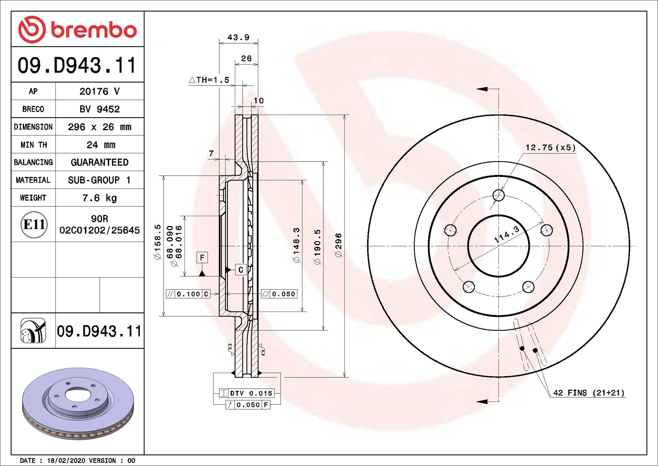 Tarcza hamulcowa przednia Brembo 09D94311 cena, od 59,46 USD