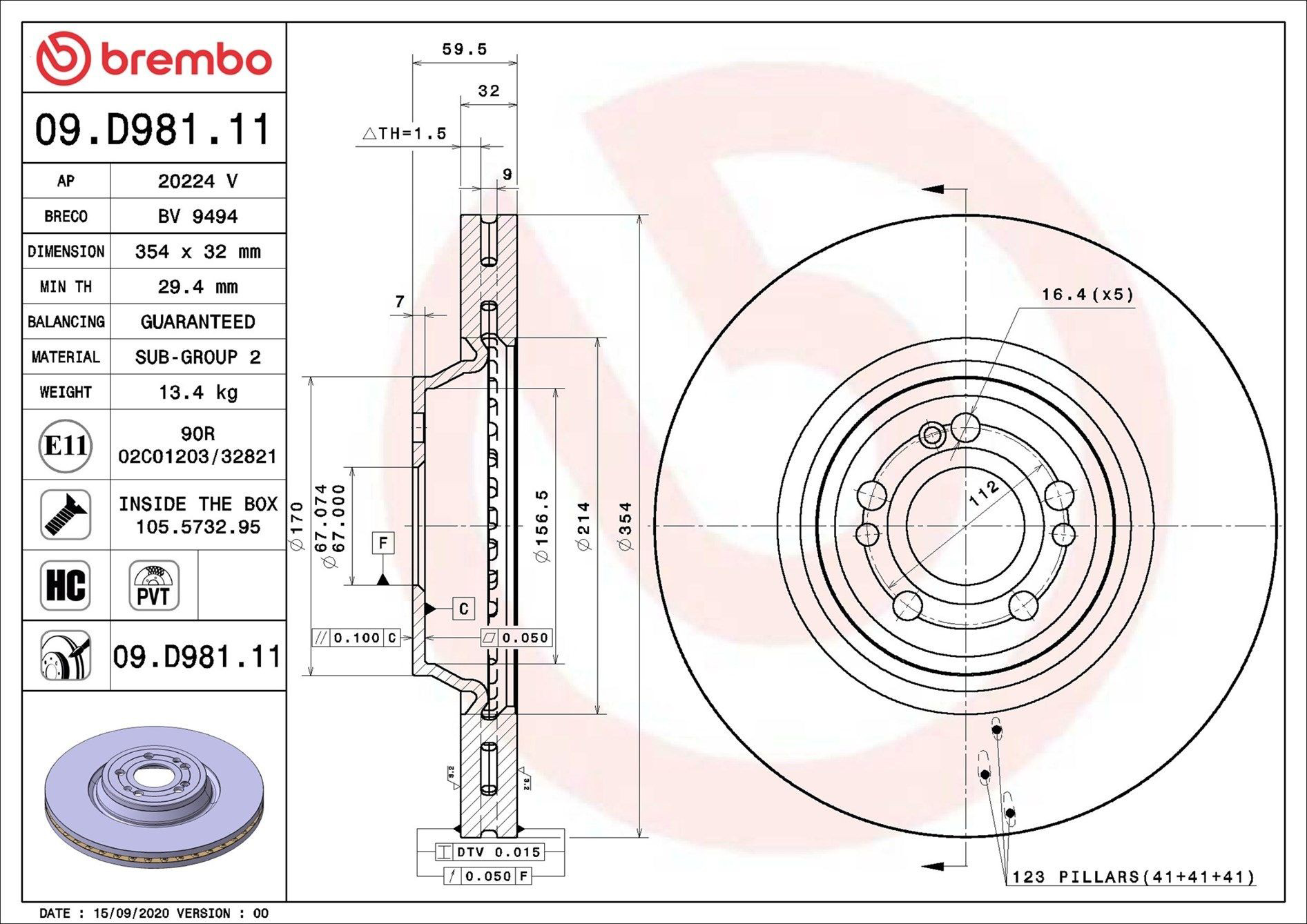 Tarcza hamulcowa przednia Brembo 09D98111 cena, od 162,34 USD