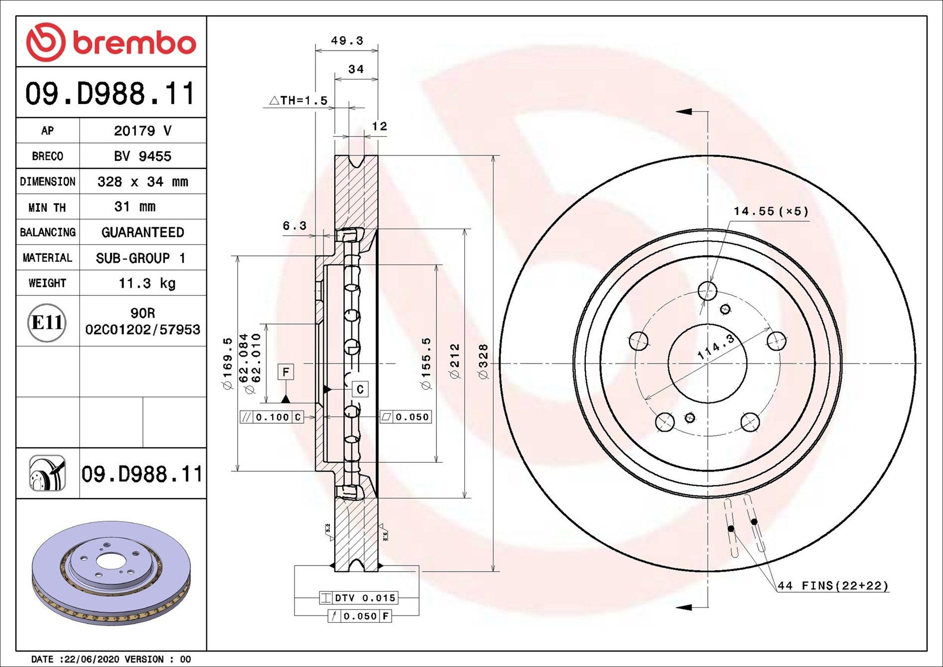 Tarcza hamulcowa przednia Brembo 09D98811 cena, od 124,42 USD