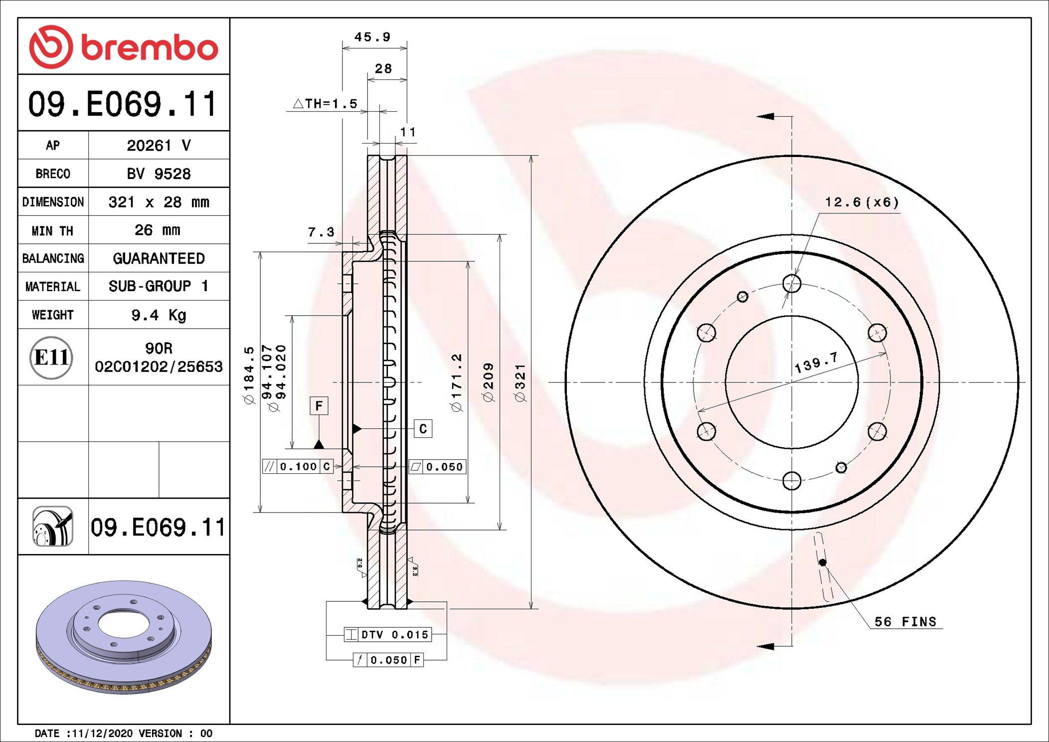 Do koszyka 09E06911 Brembo Tarcza hamulcowa przednia