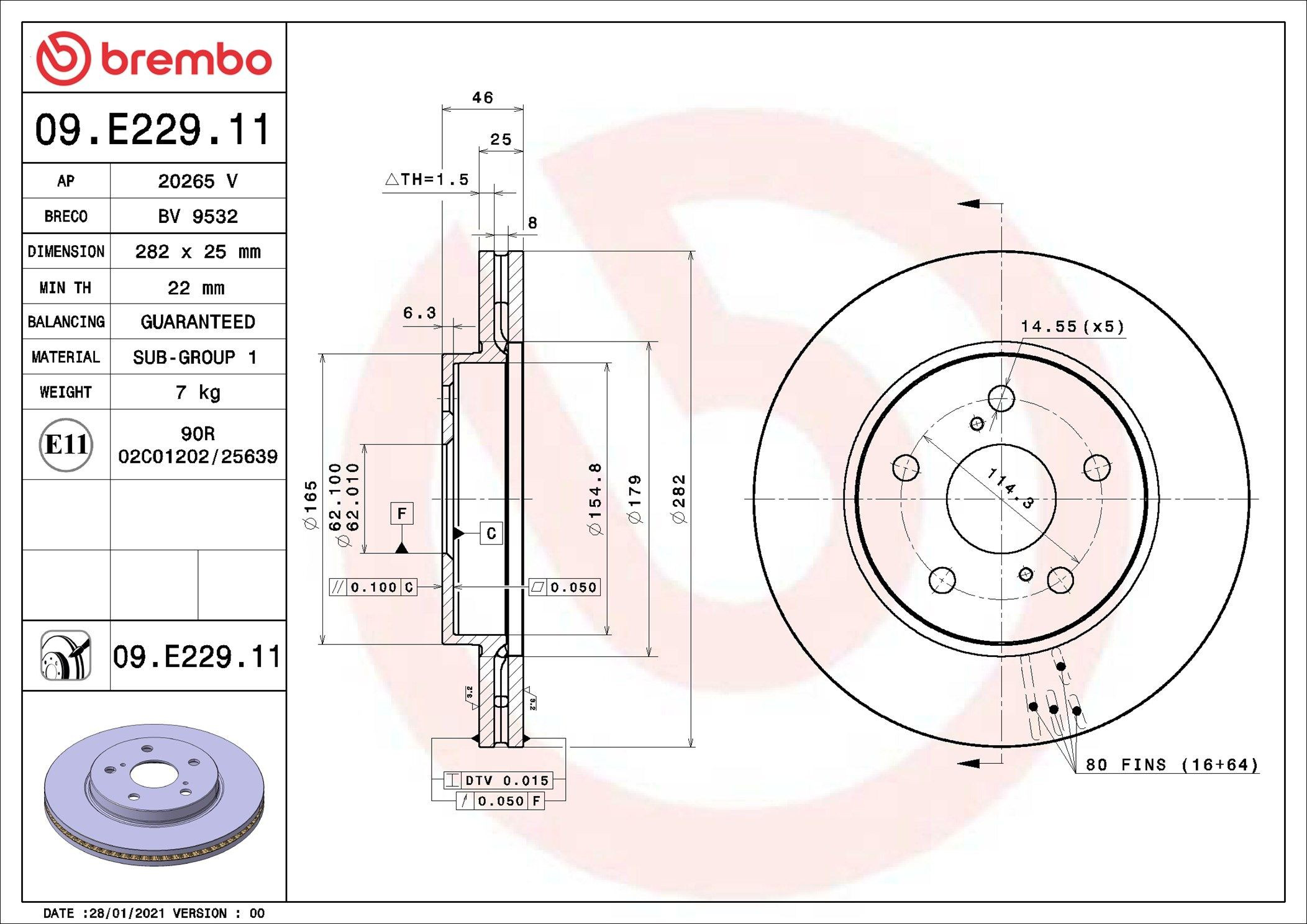 Tarcza hamulcowa przednia Brembo 09E22911 cena, od 66,19 USD