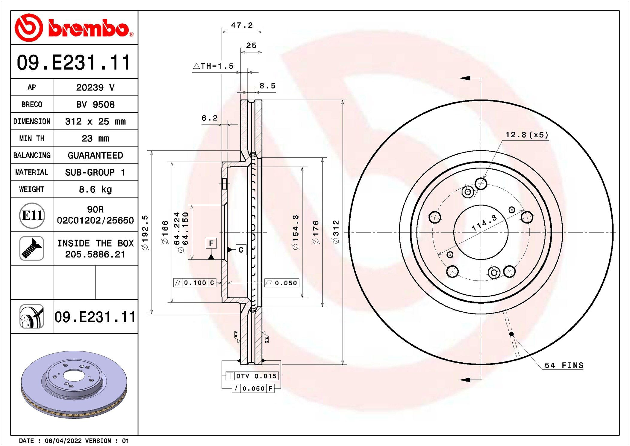 Tarcza hamulcowa przednia Brembo 09E23111 cena, od 58,66 USD