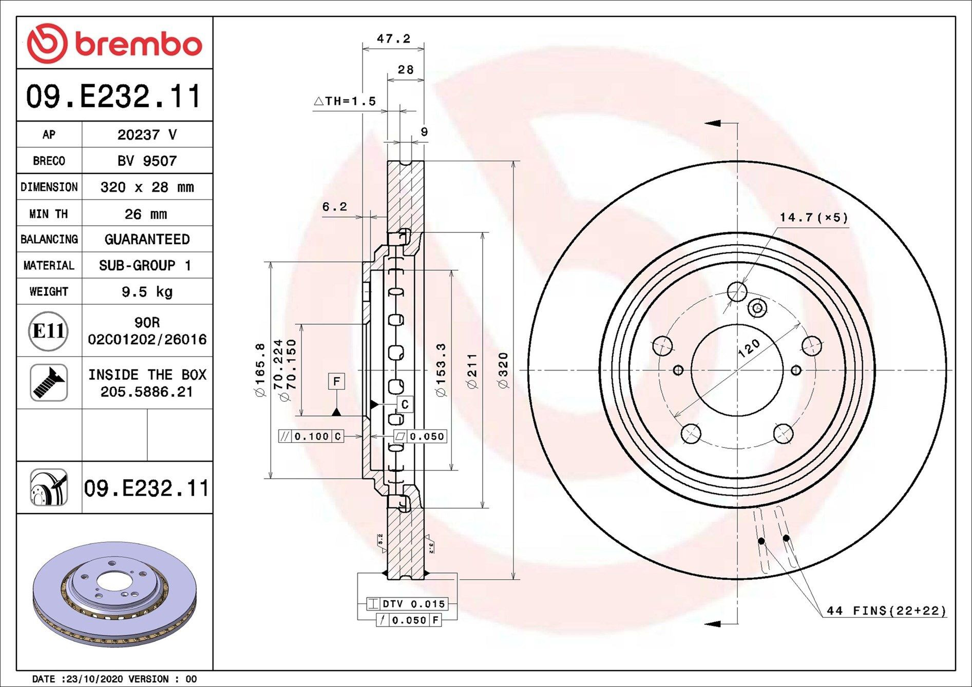 Tarcza hamulcowa przednia Brembo 09E23211 cena, od 68,26 USD