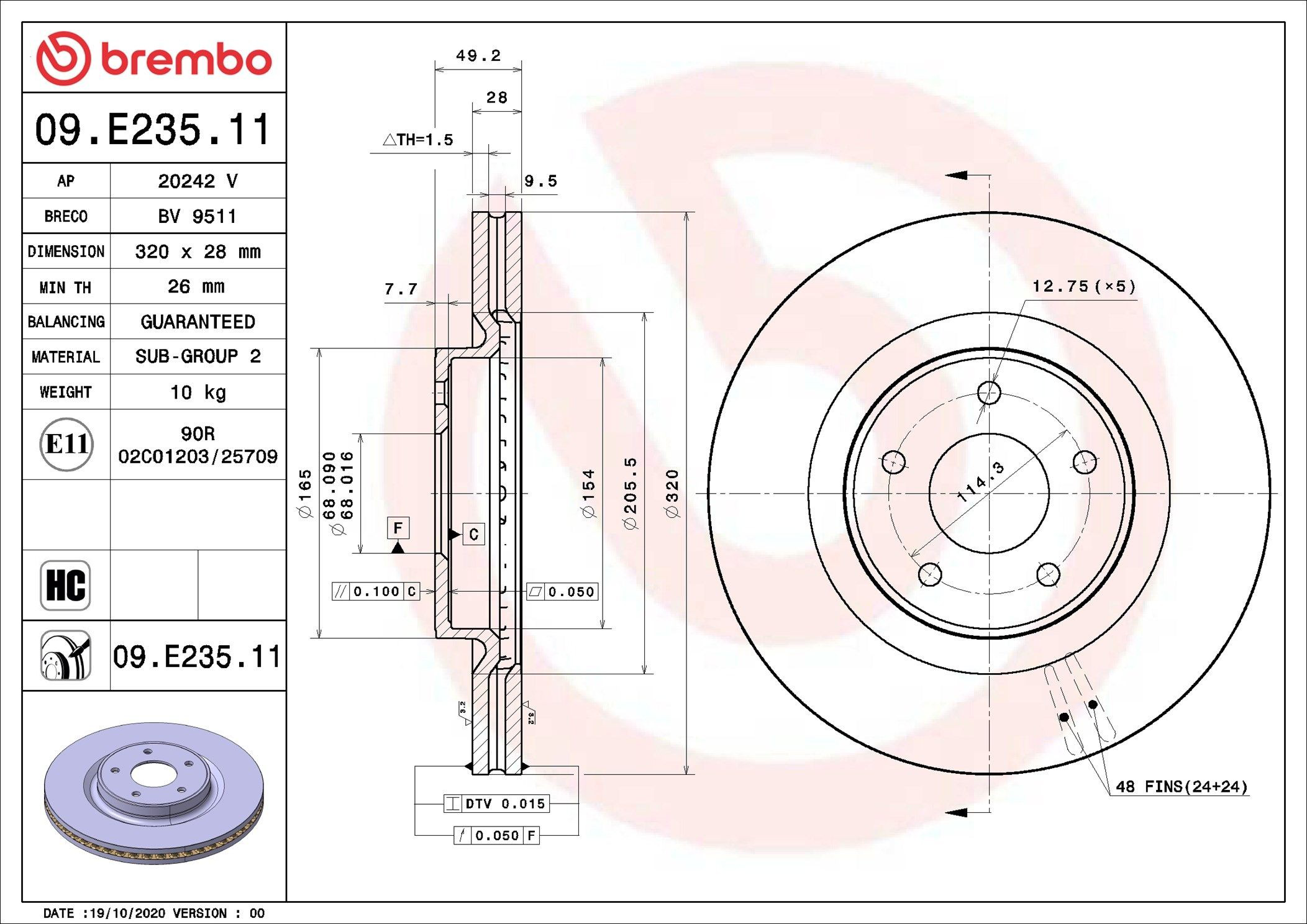 Do koszyka 09E23511 Brembo Tarcza hamulcowa przednia