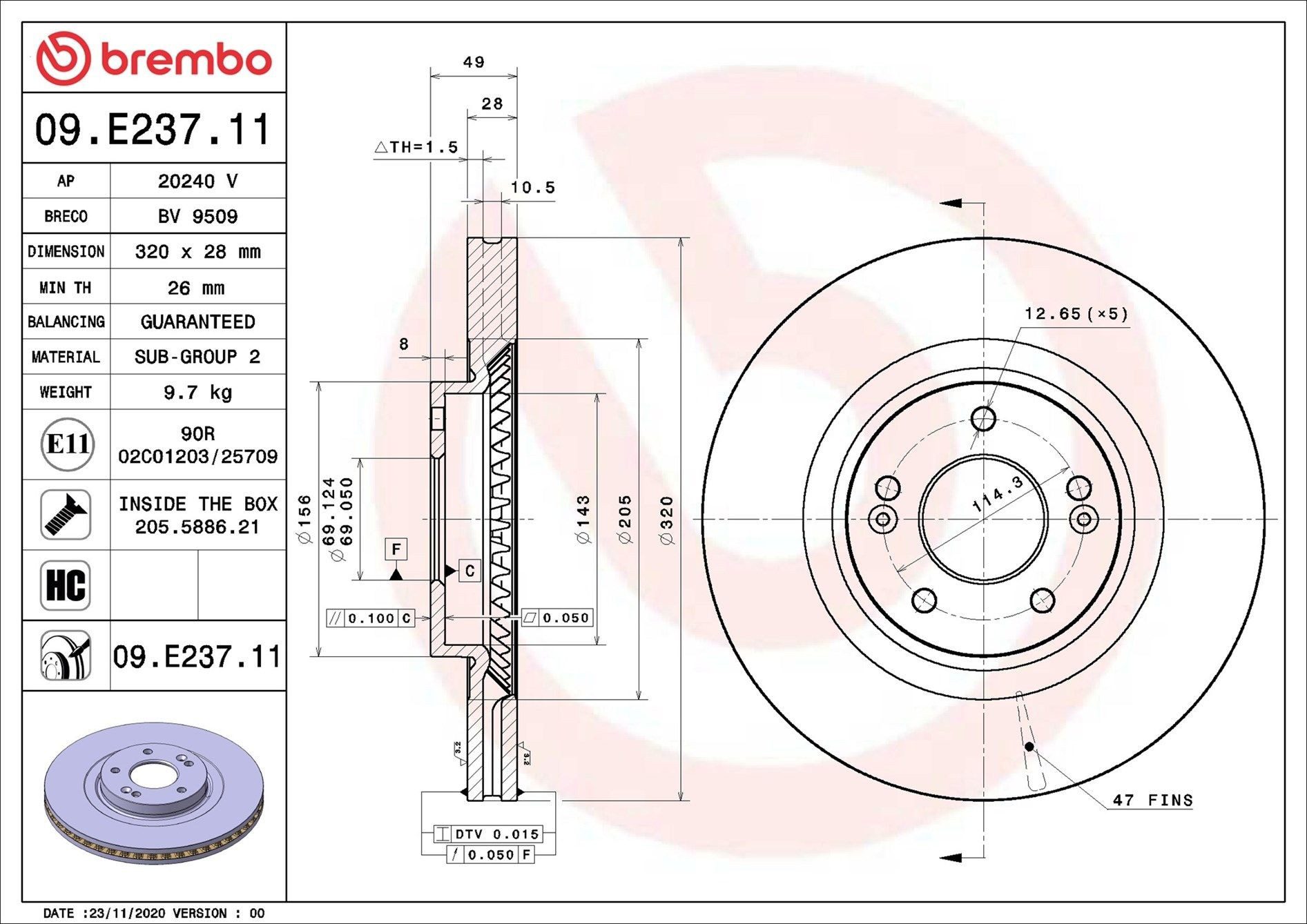 Tarcza hamulcowa przednia Brembo 09E23711 cena, od 120,76 USD