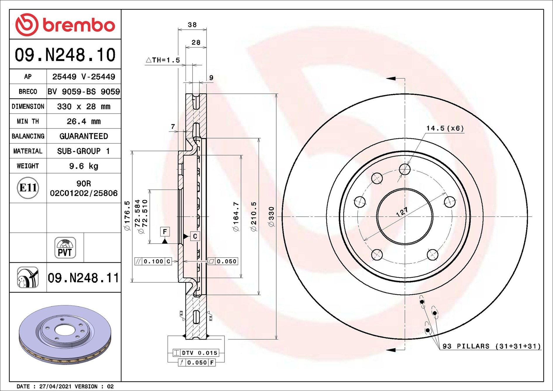 Tarcza hamulcowa przednia Brembo 09N24811 cena, od 92,71 USD